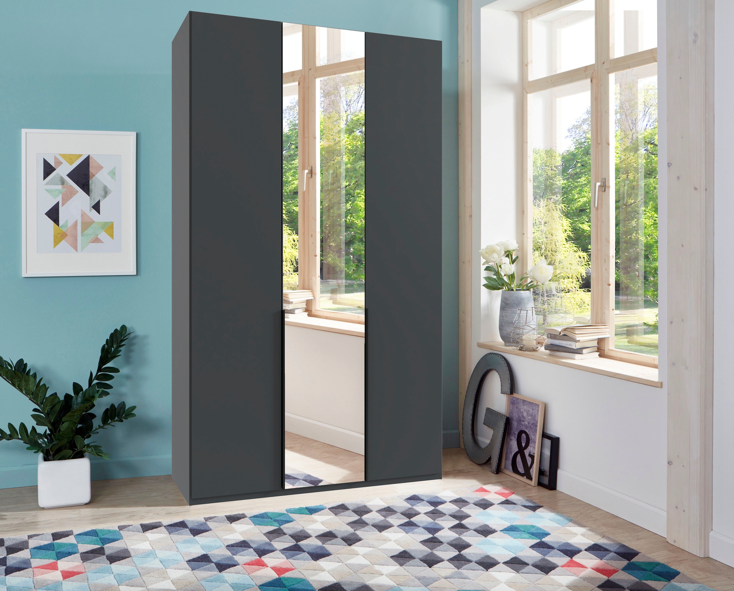 Wimex Kleiderschrank »Mugano,in 8 Breiten,3 Höhen,2 Tiefen, viele Farben, Made in Germany«, (in Basic oder Premium Ausstattung mit 2 weiteren Einlegeböden), mit langen Griffstangen aus Metall, wahlweise mit oder ohne Spiegel