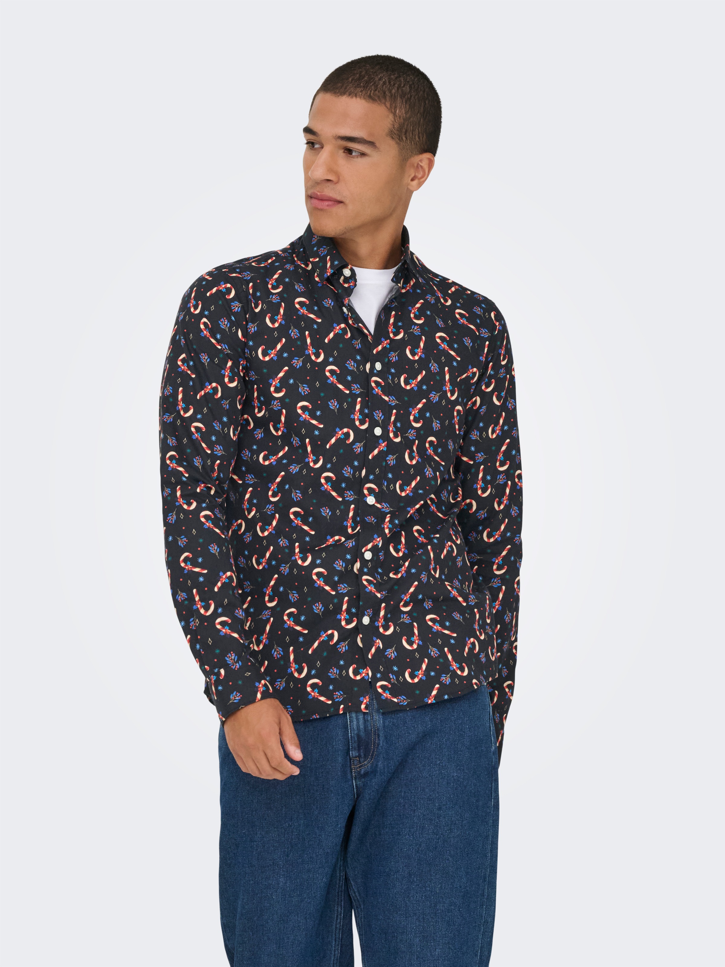 Image of ONLY & SONS Langarmhemd "ONSELF XMAS AOP SLIM POPLIN LS SHIRT"