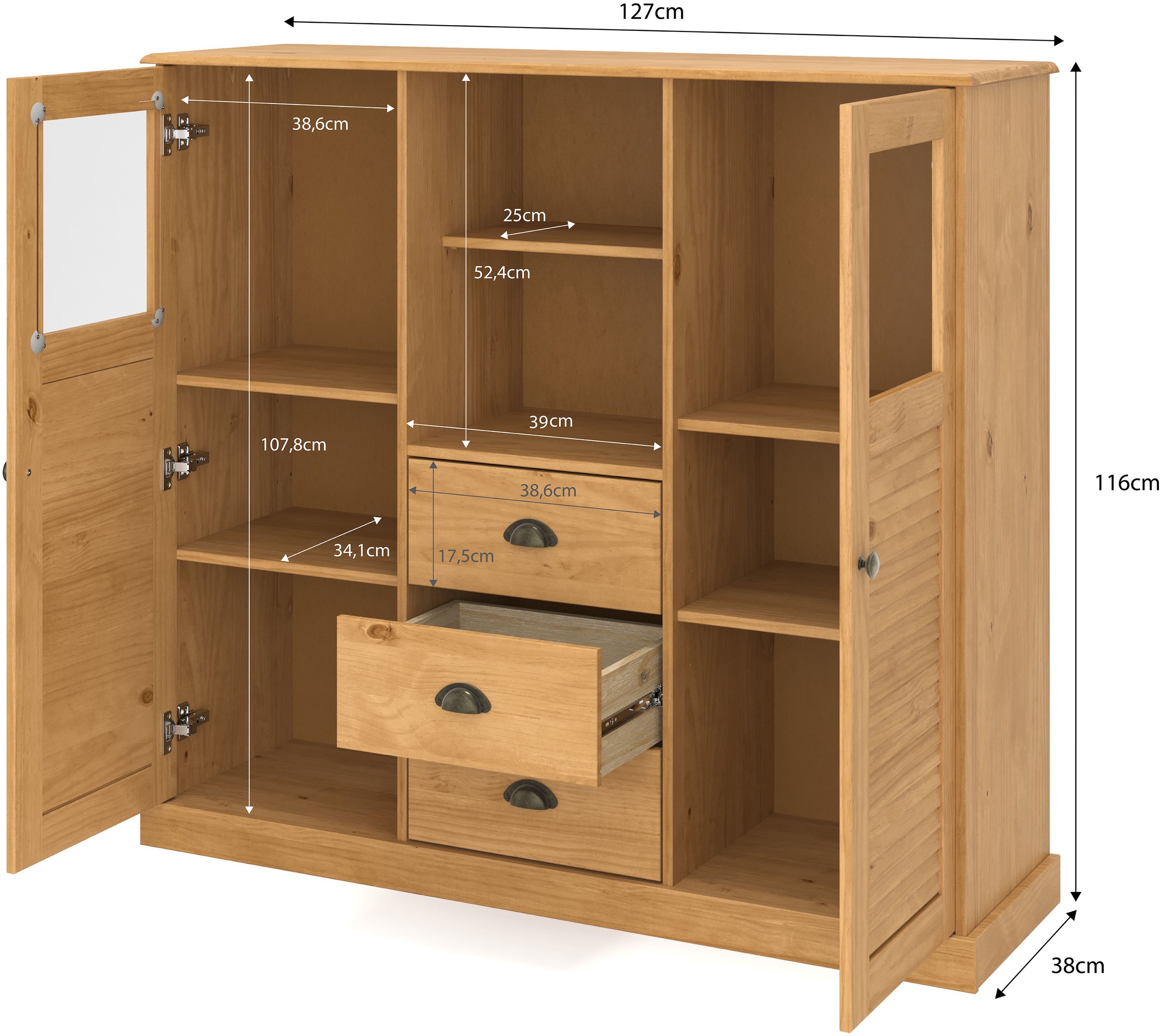 GOODproduct Buffet haut »Turia, mit Glas- und Lamellentüren« Vitrine/armoire moyenne/commode, en pin massif, FSC®, L : 127 cm