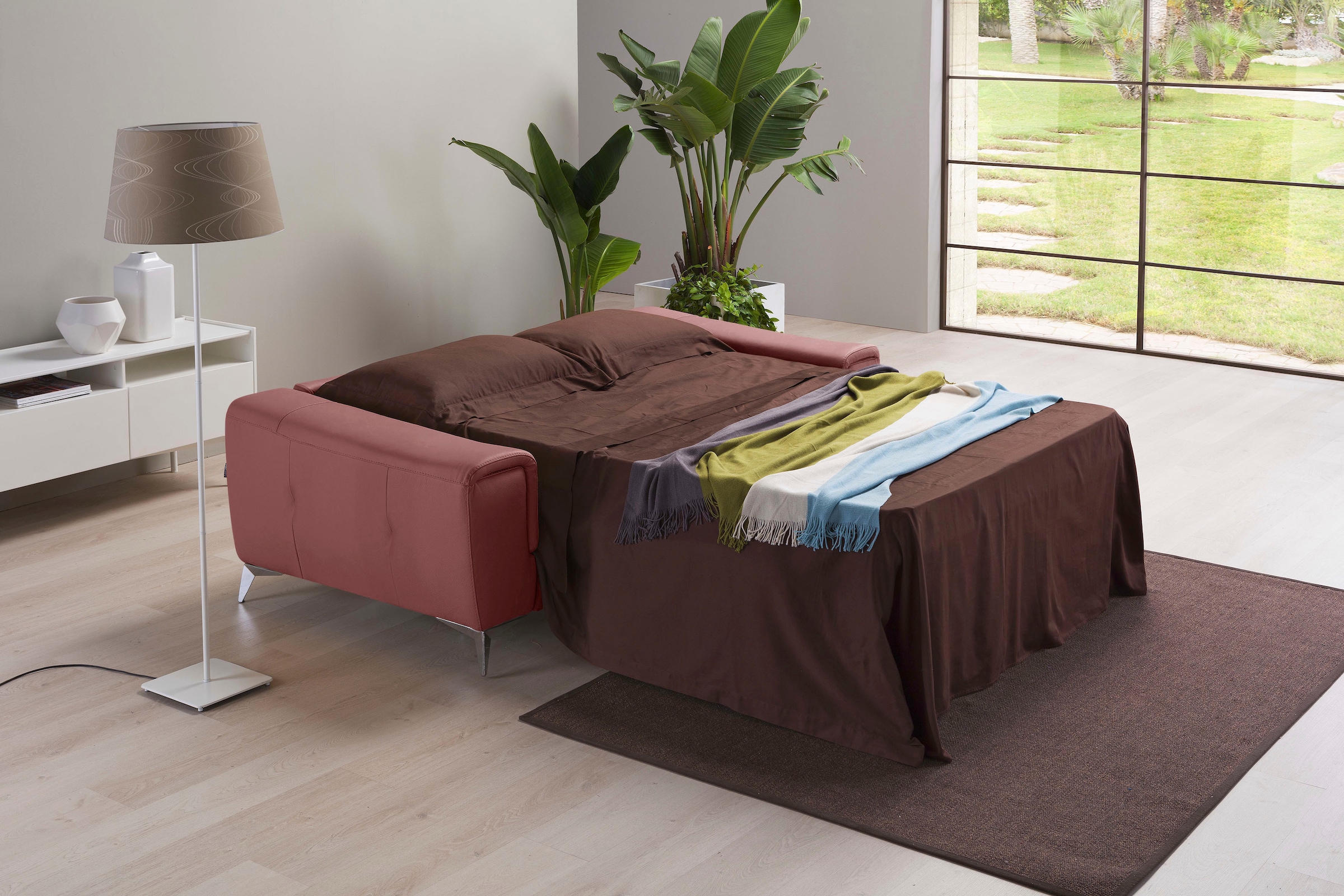 Egoitaliano Schlafsofa »Francine, Designsofa, Loungesofa mit Dauerschlaffunktion, Bettfunktion«, hochwertiger Metallbettrahmen & Matratze, Kopfteil manuell verstellbar