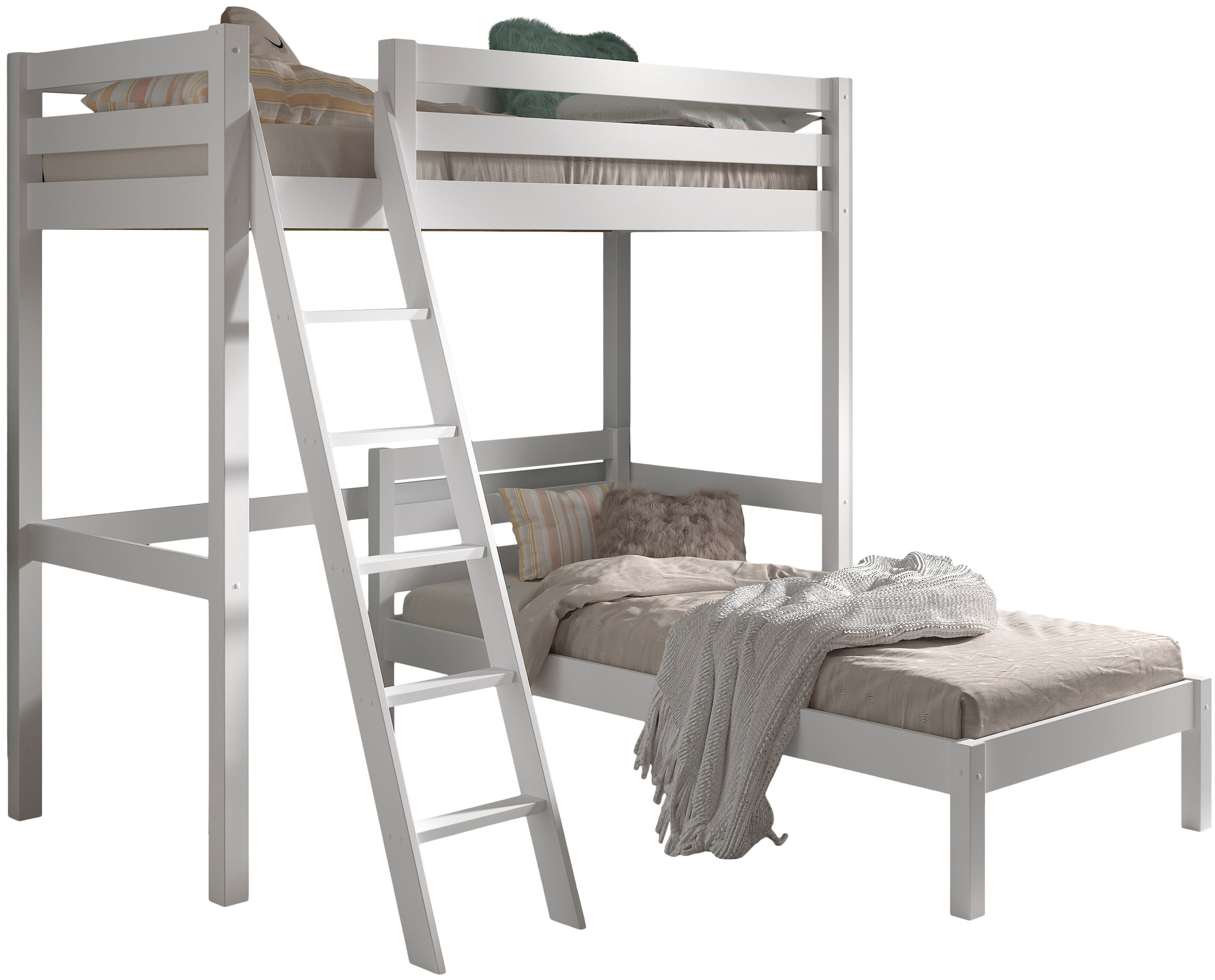 Image of Vipack Hochbett "mit 2 Liegeflächen 90/200 Made in Europe, Kiefer massiv weiss lackiert" (B/H/T ca.209x190x211cm) Leiter schräg angestellt, stabil gebaut, Raum unter dem Bett kann genutzt werden, Einzelbett separt stellbar