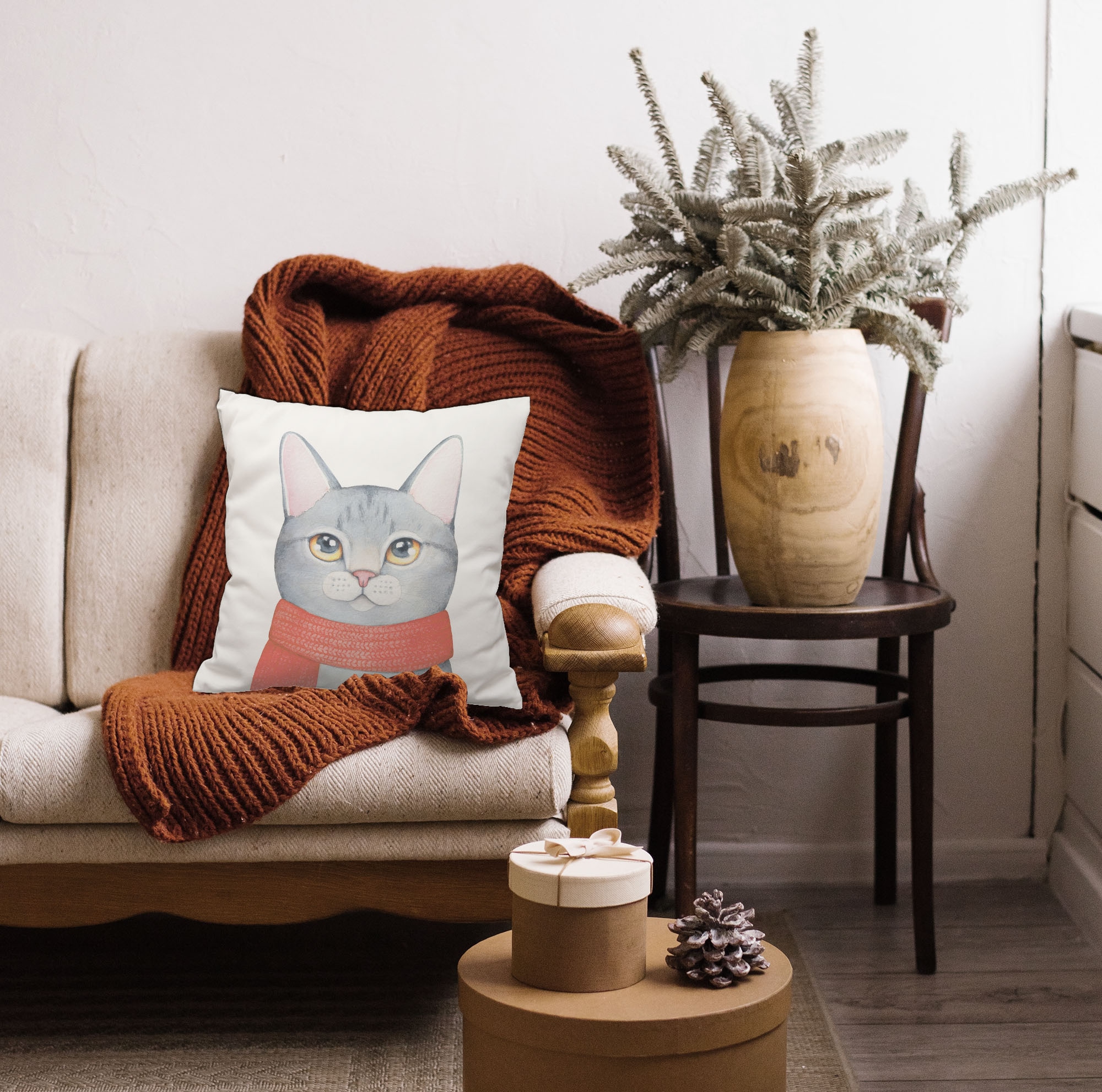 Image of queence Dekokissen "Katze mit Schal im Winter" Dekokissen mit HD Premium Druck Weihnachten