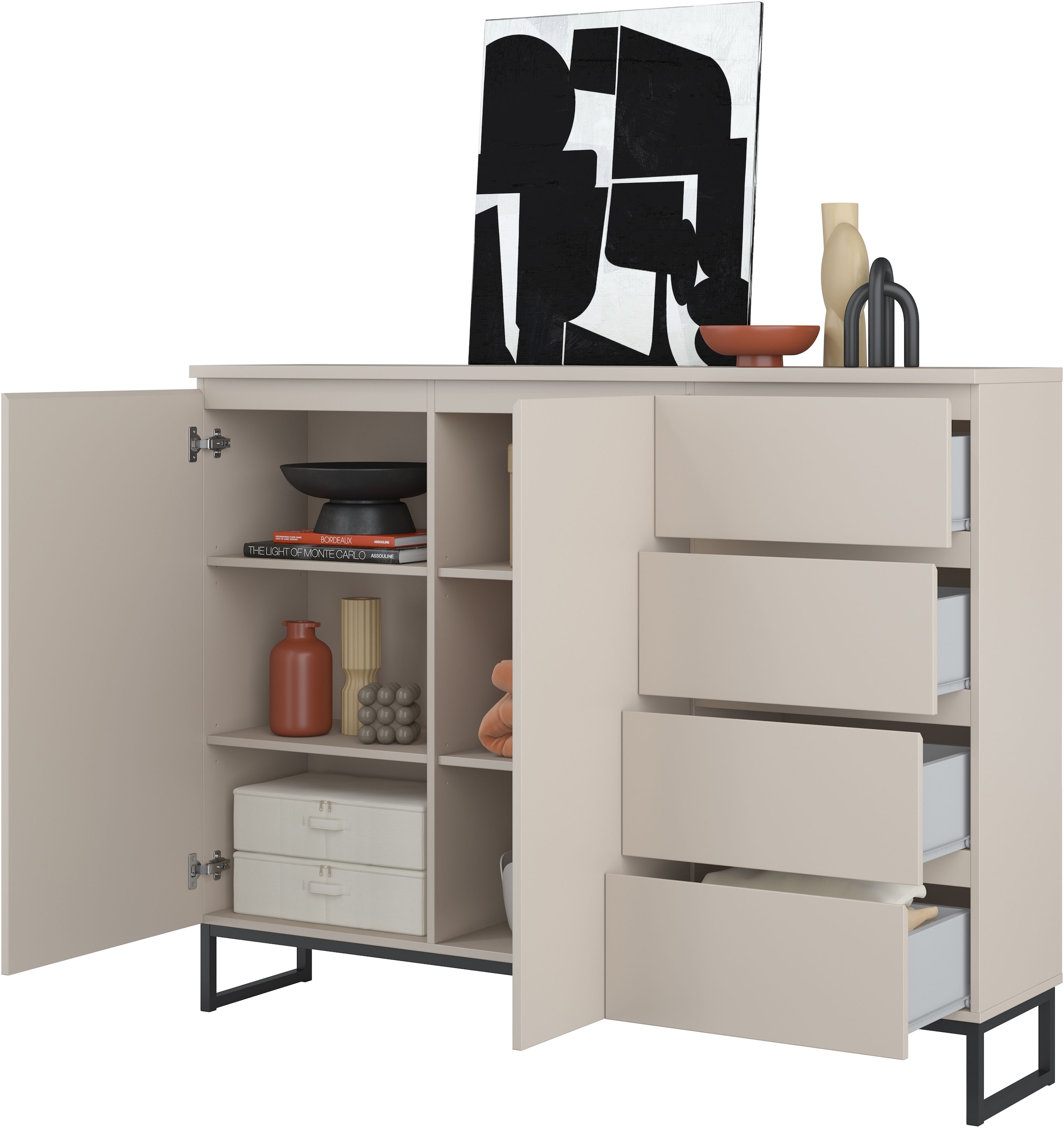 GOODproduct Sideboard »Modo II, Breite 150 cm, moderne grifflose Kommode 2Türen/4 SK« Schubladenschrank viel Stauraum, Einlegeböden verstellbar, Metallkufen