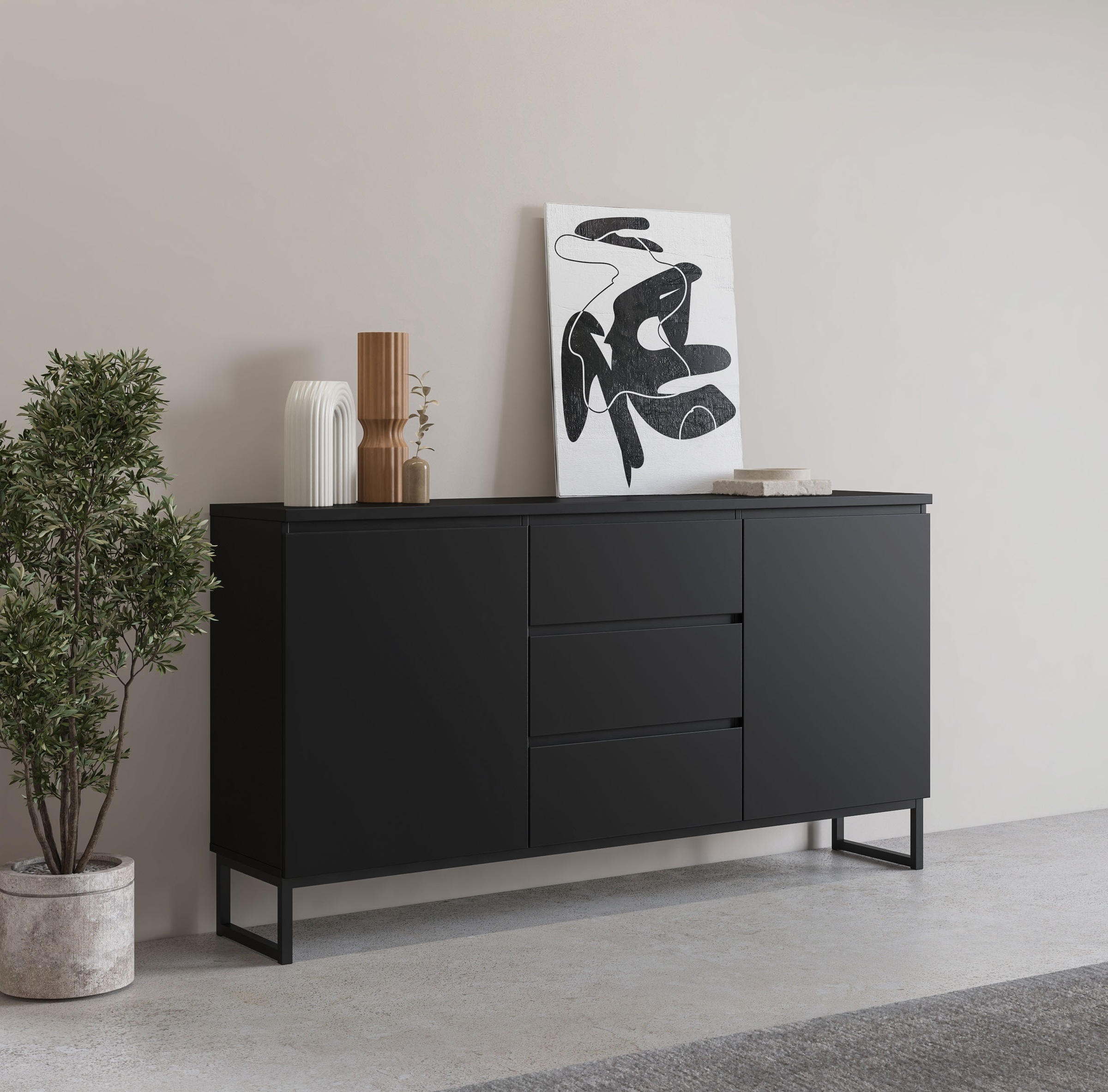 Image of GOODproduct Sideboard "Modo II, Breite 150 cm, moderne grifflose Kommode 2Türen/3 SK" Schubladenkommode viel Stauraum, Einlegeböden verstellbar, Metallkufen