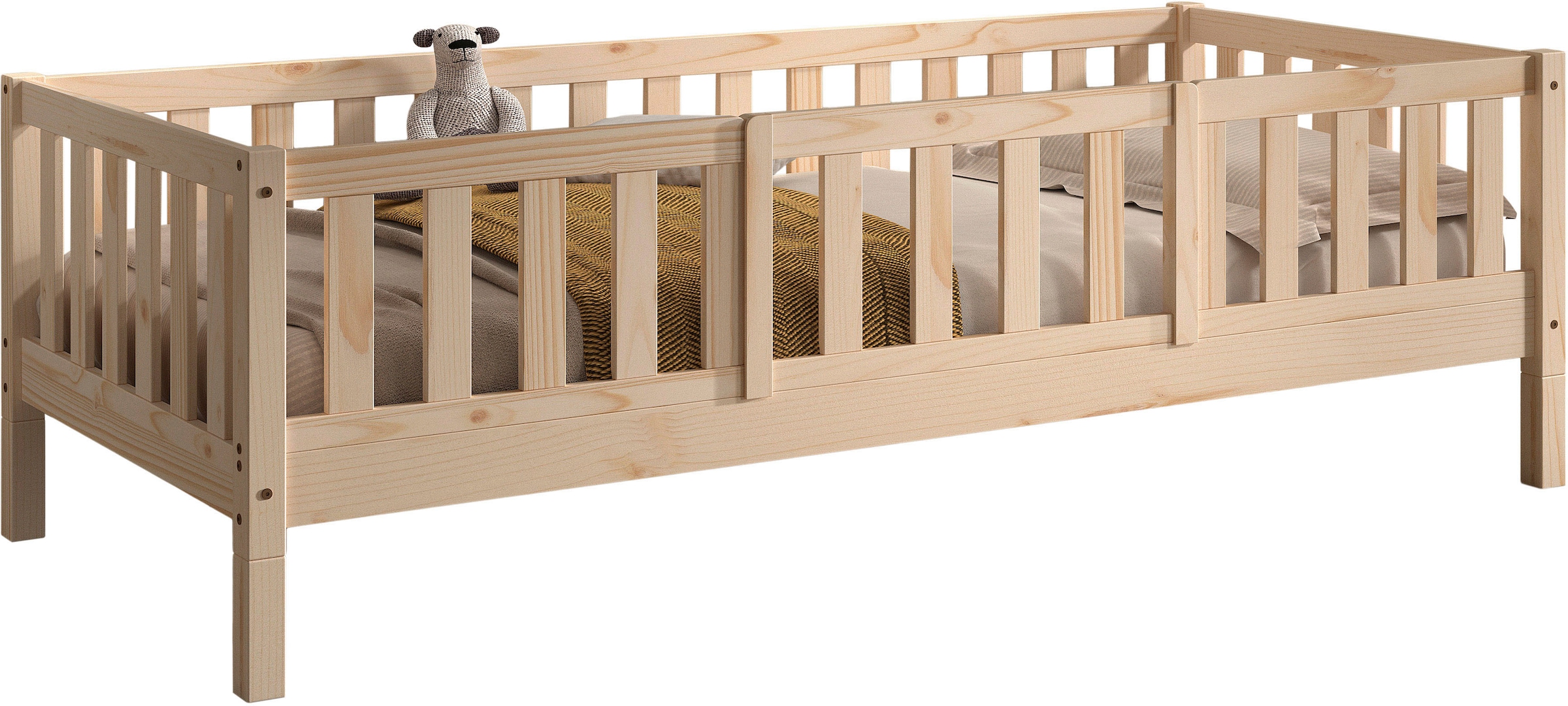 Vipack Kinderbett »Dallas, massiv Bett, Rausfallschutz, umbaubar vom Boden- zum Daybett« inkl. Rolllattenrost und Sprossenumrandung, 90 oder 140x200 cm breit,  stabil und standfest gebaut, wahlweise Kiefer massiv natur oder weiss