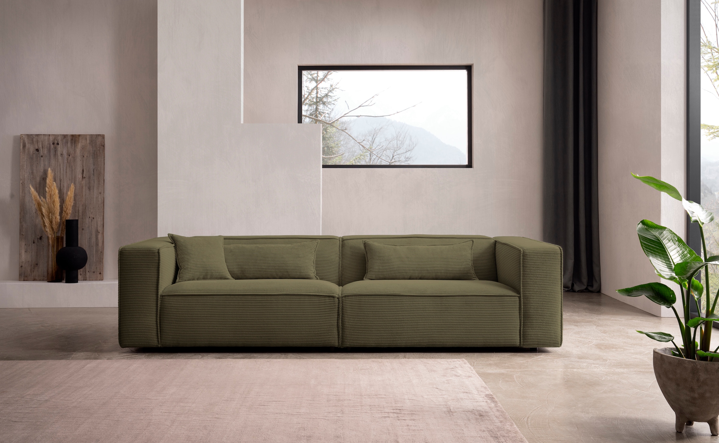 LeGer Home by Lena Gercke 3-Sitzer »PIARA, Couch mit Kedernaht, Sofa in Cord oder Leinenoptik«, schwarze Füsse, bequemer Sitzkomfort