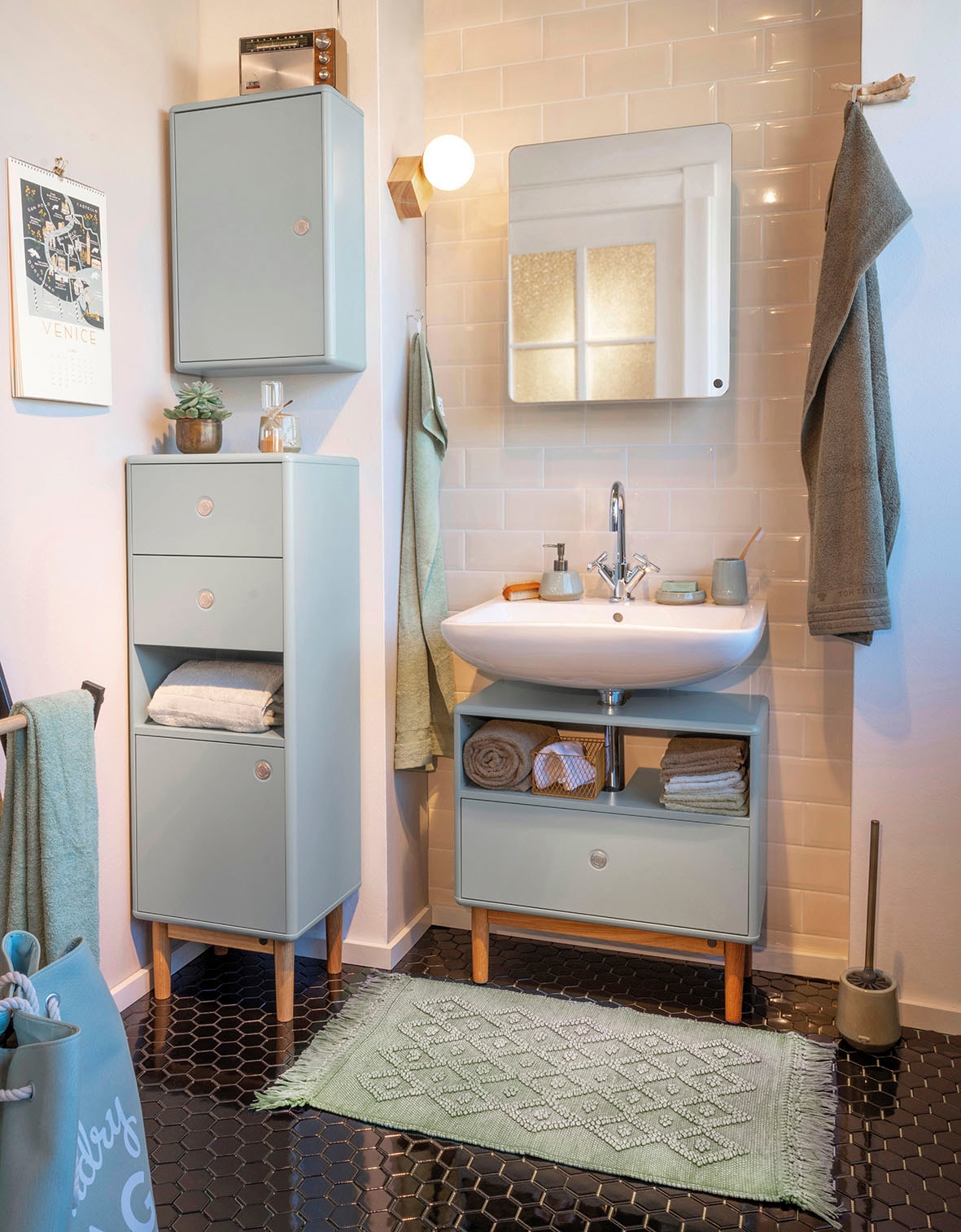 TOM TAILOR HOME Badematte »Vintage Wash«, fussbodenheizungsgeeignet, Badteppich, Uni Farben, Rauten Muster, mit Fransen, reine Baumwolle