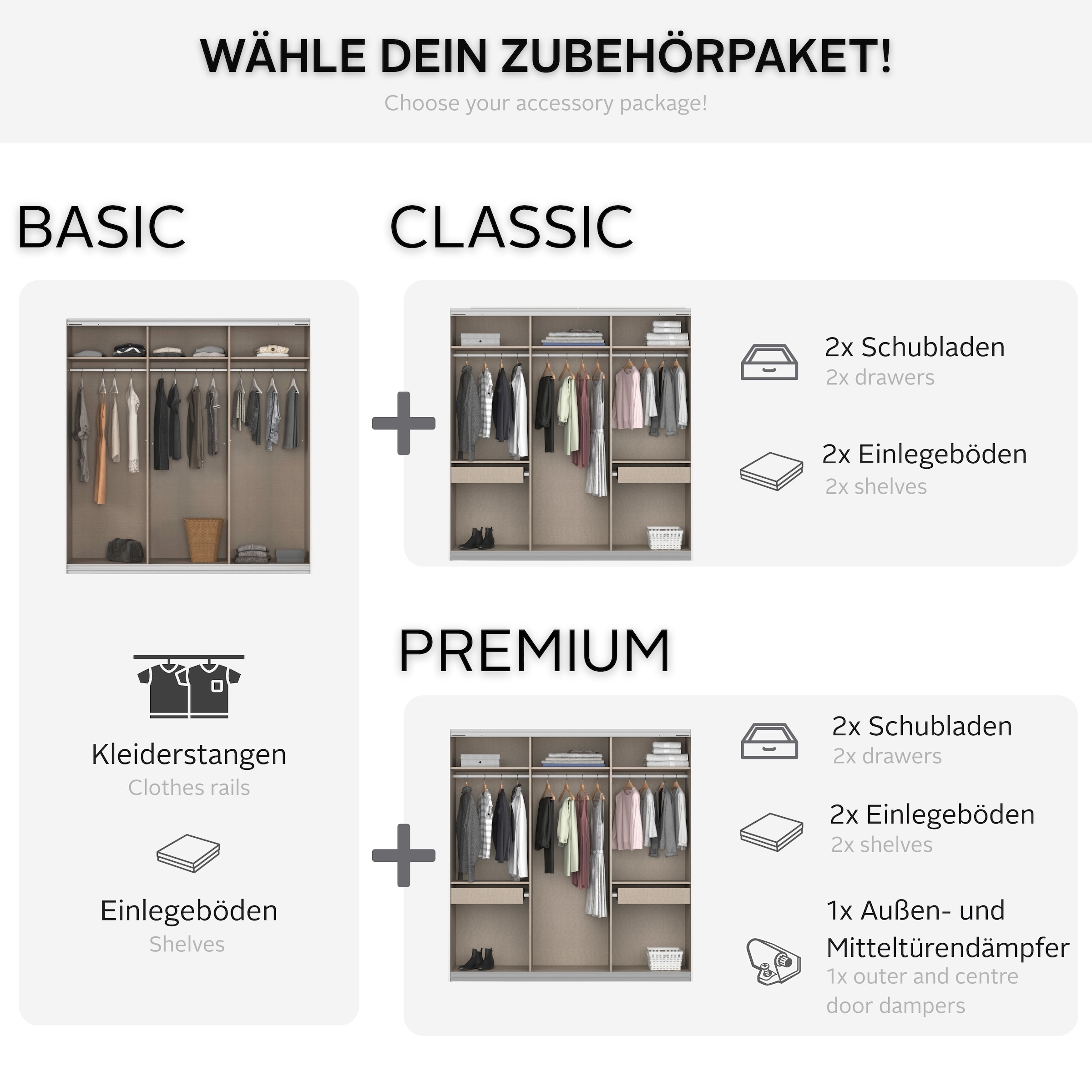 rauch Kleiderschrank »Mehrzweckschrank Aktenschrank Möbel Mietswohnung Schlafzimmer KOLUNA« 3 Ausstattungen BASIC/CLASSIC/PREMIUM (inkl. SOFT-CLOSE-FUNKTION),  Breiten 203/271/315/360 cm Höhen 210/229 Glas-Front MADE IN GERMANY