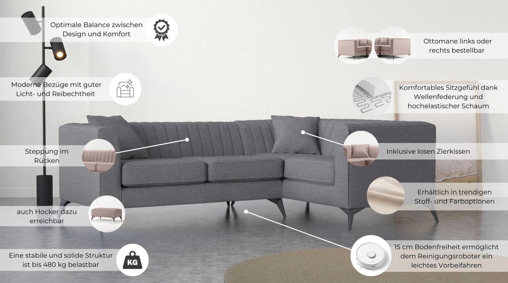 Places of Style Ecksofa »MATTHEW L-Form ideal für kleine Räume, Masse B/T/H: 240/167/74 cm«, elegantes Designsofa, Steppung im Rücken, incl. Zierkissen