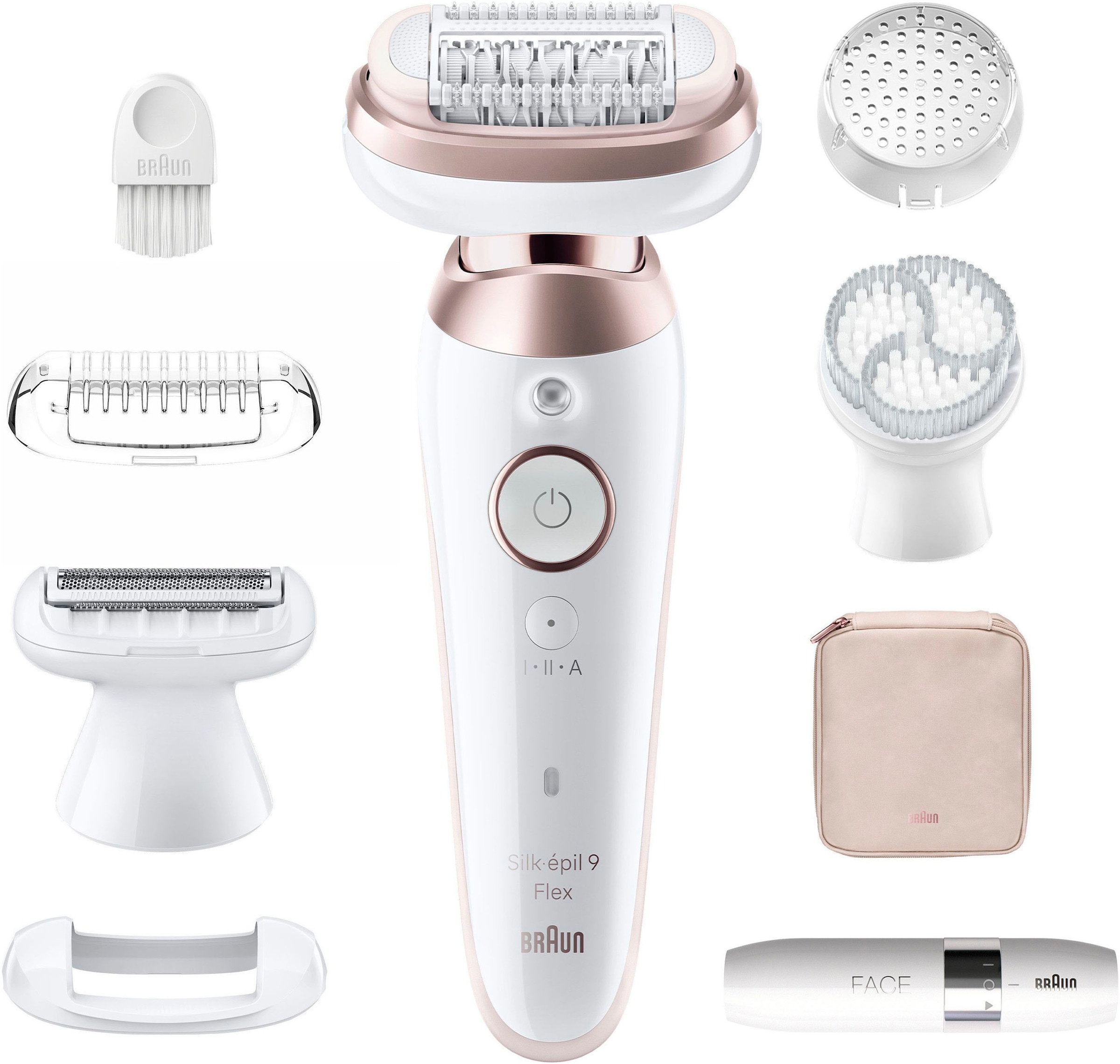 Braun Epilierer »Silk-épil Flex 9 9-360«, mit Rasier-, Trimmer- & Peelingaufsatz, Mini-Rasierer für das Gesicht