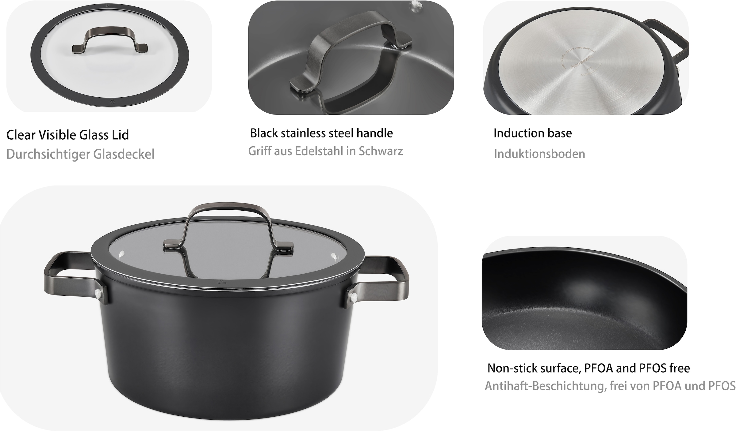 Hanseatic Topf-Set »ALU PRO«, Aluminium, (Set, 9 tlg., Fleischtopf 1x 16 cm / 2x 20 cm / 1x 24 cm, Stielkasserolle 16 cm), mit Griffe aus Edelstahl, Glasdeckel, Induktion