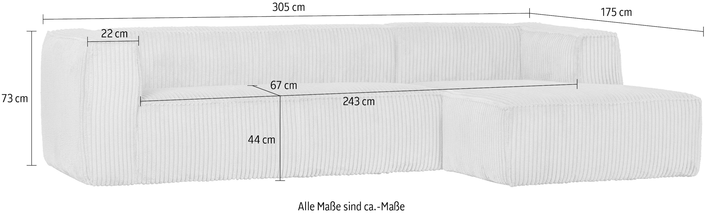 WOOOD Ecksofa »Bean Bezug Rechts mit hoher Sitzkomfort, H 73 x B 305 x T 96/175 cm« Ripsstoff, Tragkraft 400 kg, pfleigleicht, Gute Verschleissfestigkeit