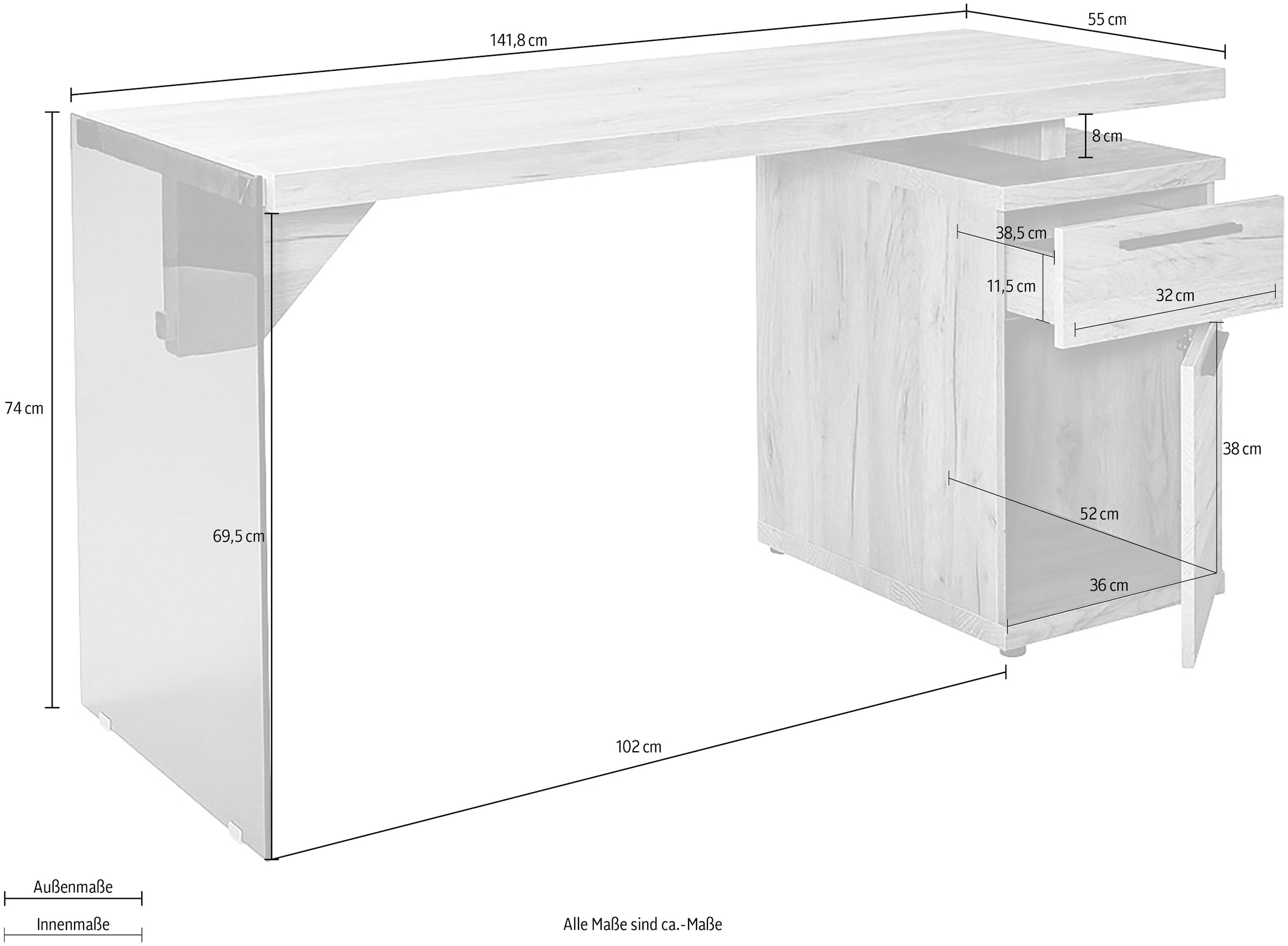 Jahnke Schreibtisch »LUX C 140« wechselseitig montierbar, Seitenteil aus ESG Sicherheitsglas