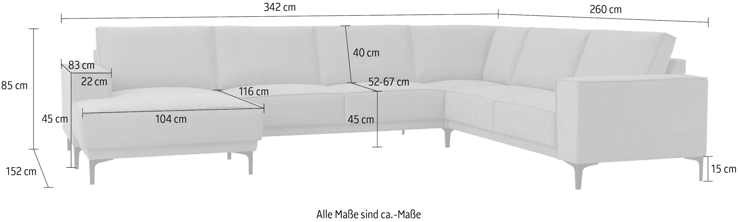 Places of Style Wohnlandschaft »XXL Sofa Oland, Struktur, Flachgewebe, Luxus-Microfaser, Boucle«, U-Form, 342 cm, Wellenunterfederung, Skandi-Design, Metallfüsse