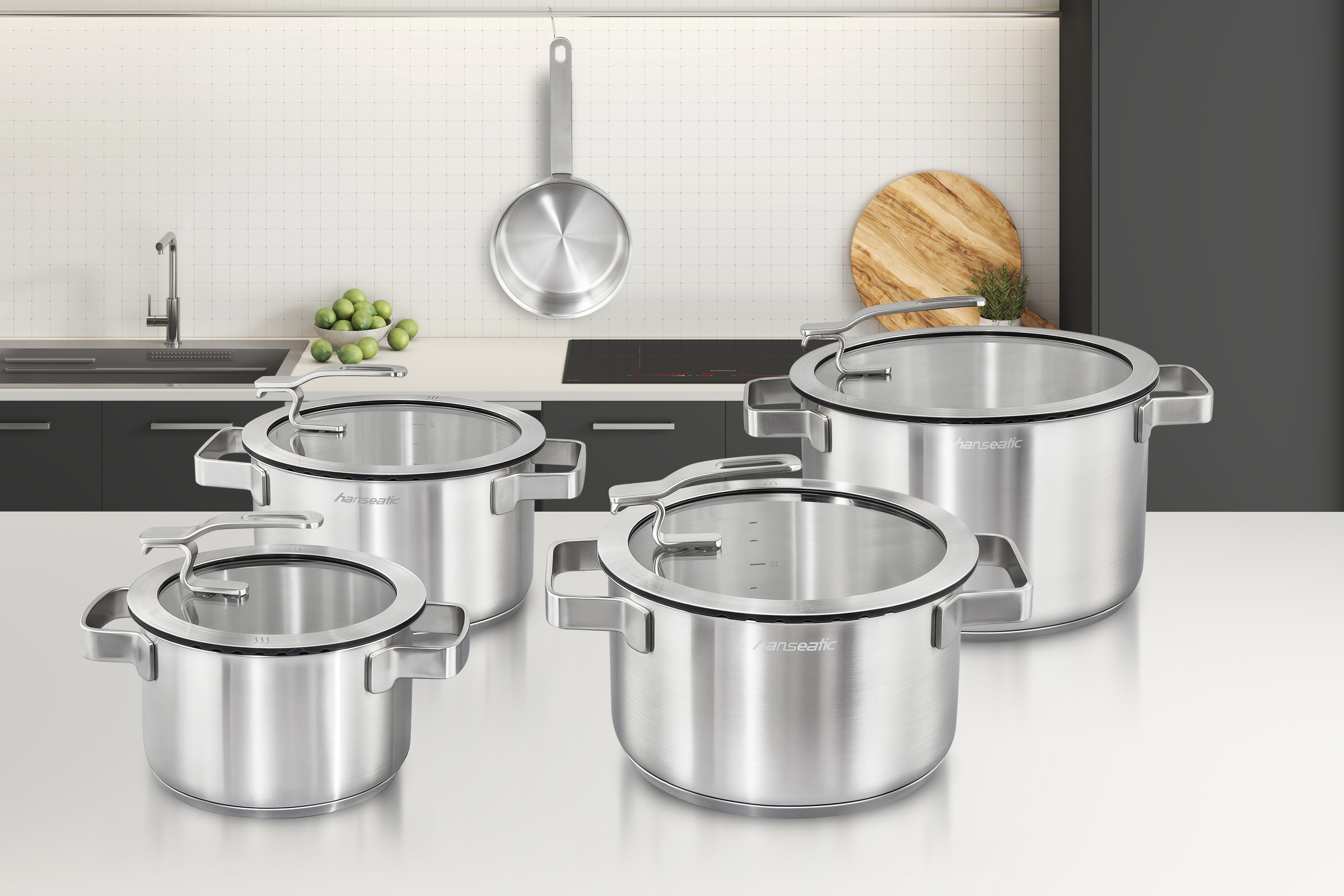 Hanseatic Topf-Set »STYLE«, Edelstahl 18/10, (Set, 9 tlg., Fleischtopf 1x 16 cm / 2x 20 cm / 1x 24 cm, Stielkasserolle 16 cm), Deckel mit praktischer Aufhänge-Funktion, Induktion