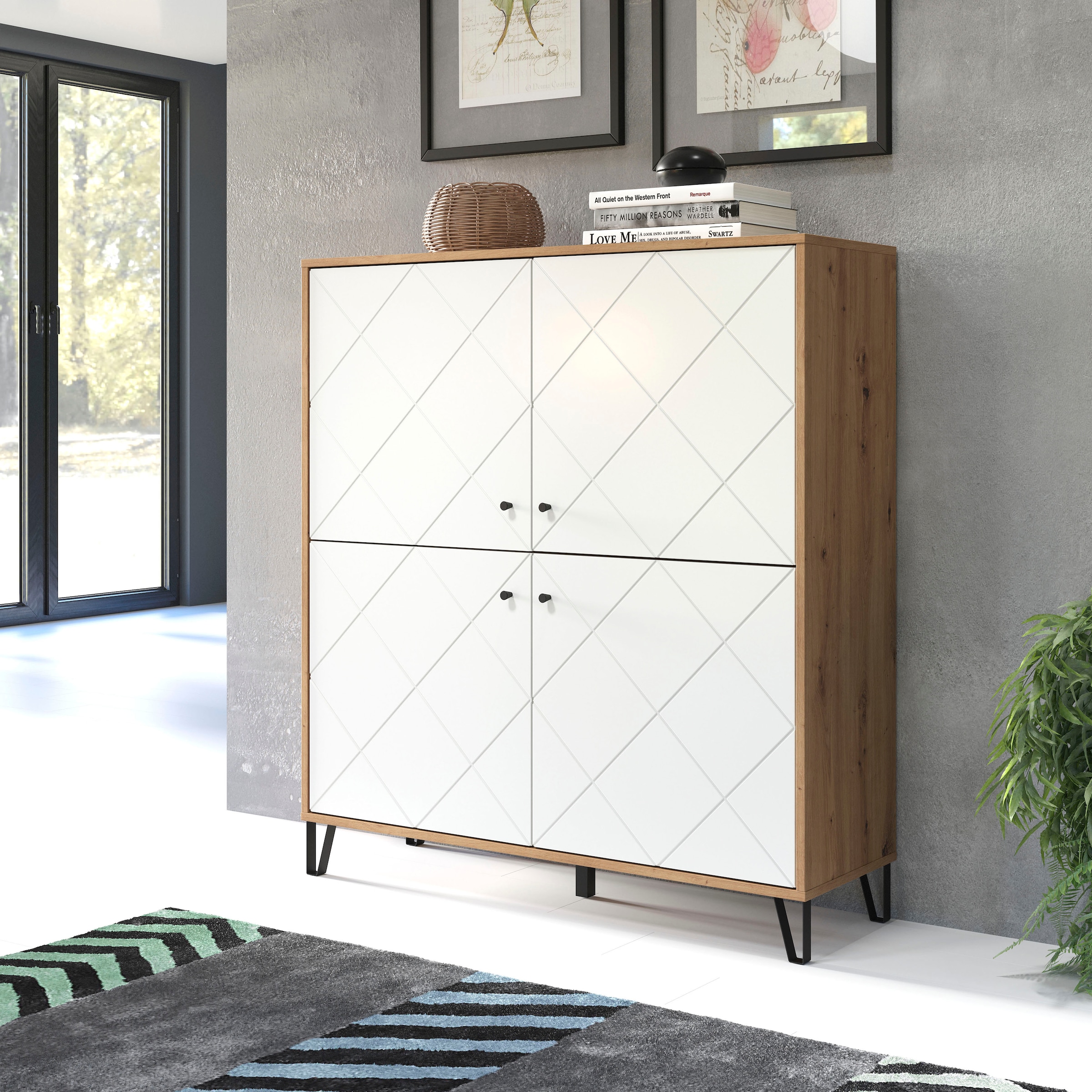 Places of Style Highboard »Tarragona«, Stauraumschrank, Fräsungen in Rautenoptik, 8 Fächer, Breite 123 cm