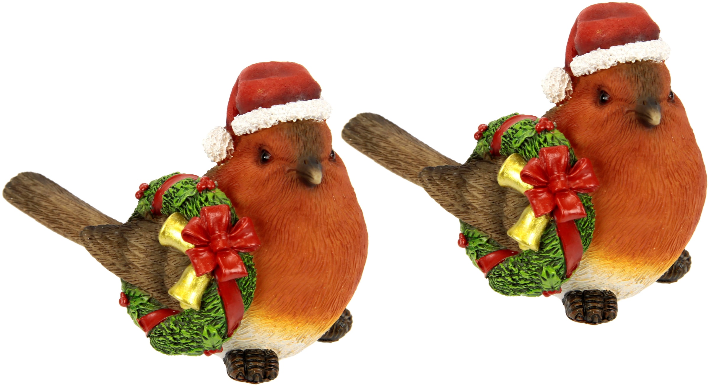Image of I.GE.A. Weihnachtsfigur "Weihnachtsvogel mit Kranz und Mütze, 2er Set, Höhe ca. 10 cm" Dekofigur aus Polyresin, Weihnachtsdeko, Tierfigur