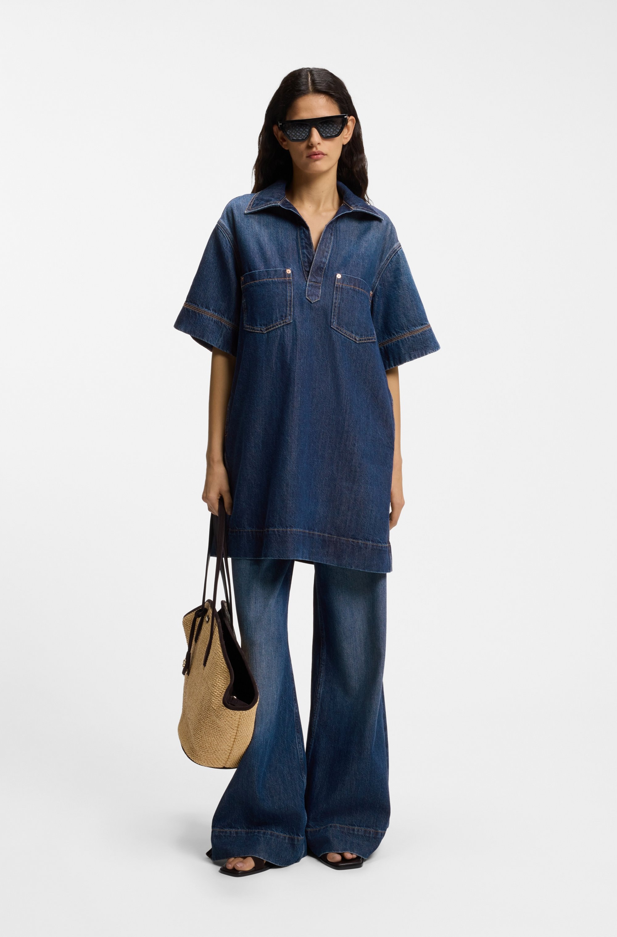 Image of BOSS ORANGE Polokleid "POLO DRESS Premium Damenmode" Brusttaschen Eingrifftaschen im Denim-Look, weite Ärmel