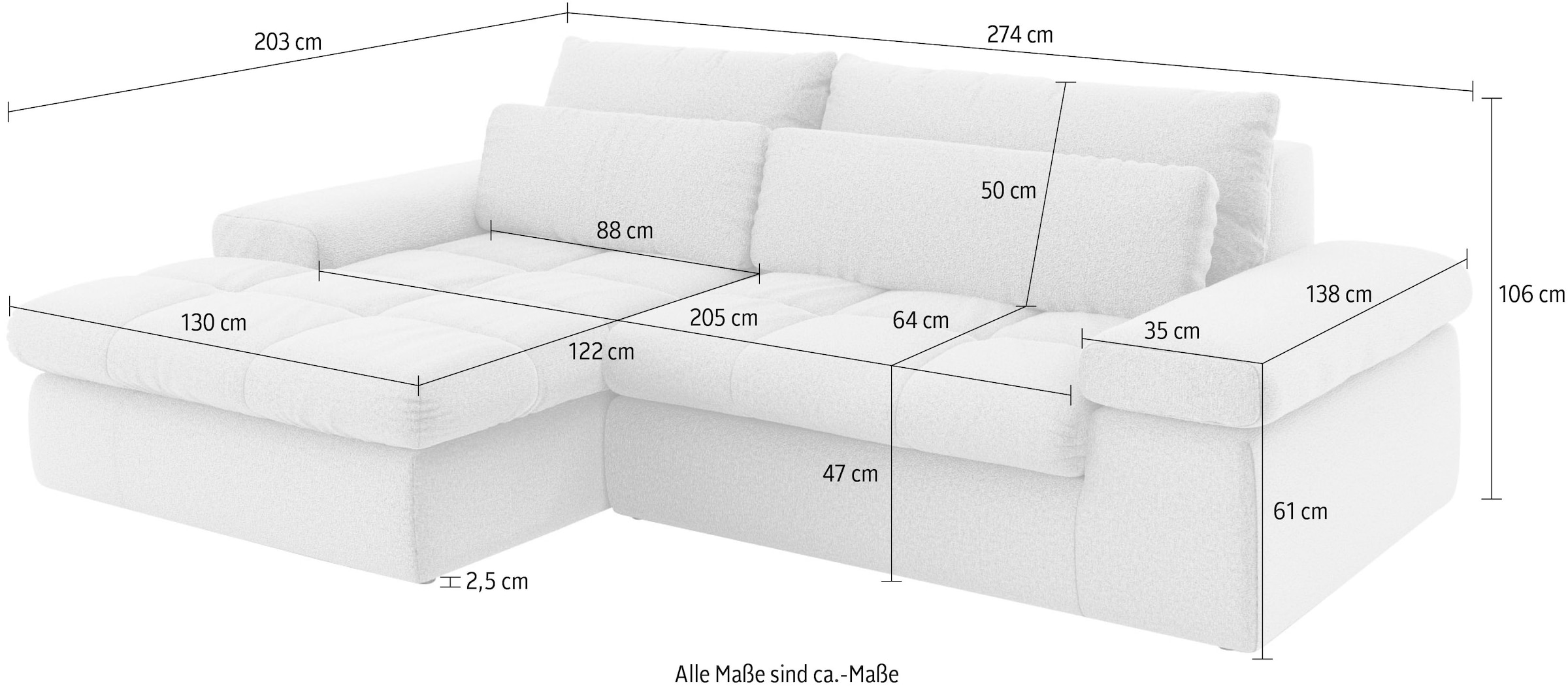 Home affaire Ecksofa »ALVERIE mit Recamiere, moderne Steppung, Masse: B/T/H 274/203/106 cm«, L-Form mit Wellenunterfederung, mit 4 Rückenkissen, pflegeleicht Stoff