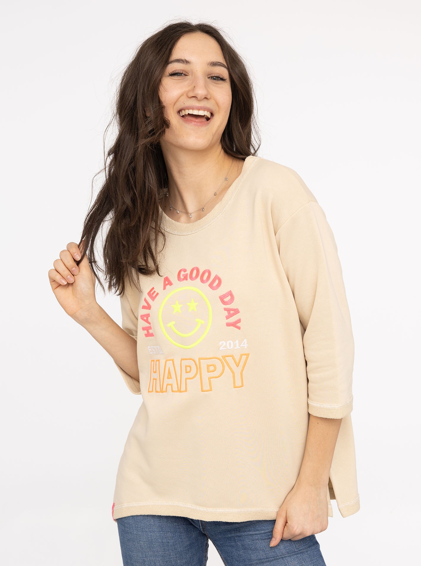 Image of Zwillingsherz Langarmshirt ""Happy"" 3/4-Arm, Rundhalsausschnitt, Stickerei