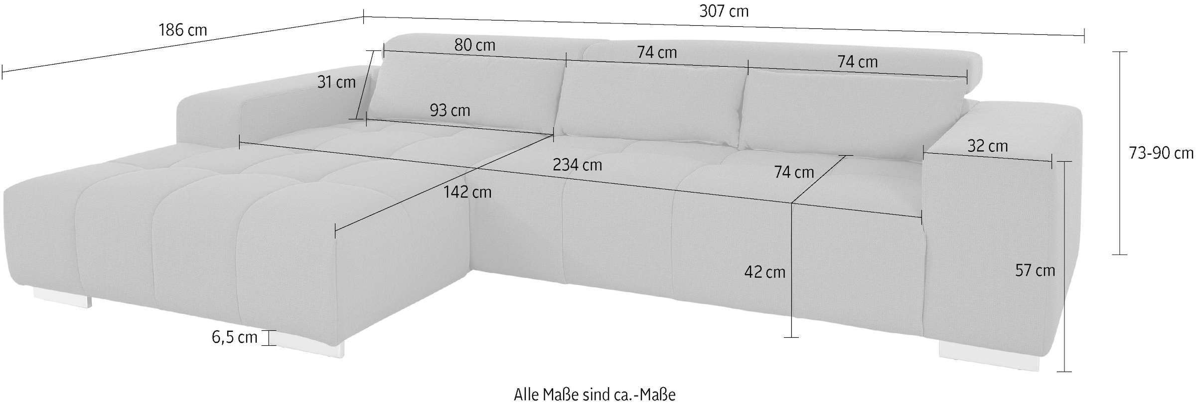 COTTA Ecksofa »Orion L-Form«, mit Recamiere, inkl. verstellbaren Kopfstützen und 3 Kissen