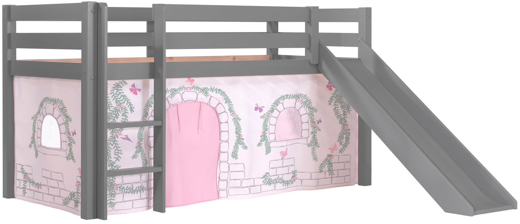 Image of Vipack Hochbett "Pino, Spielbett massiv Kiefer, stabil gebaut, 3 Korpusfarben zur Wahl" inkl. Rolllattenrost, Leiter und Absturzschutz, mit oder ohne Rutsche, Textil-Set "Astronaut", inkl. Vorhang, mit oder ohne Tunnel