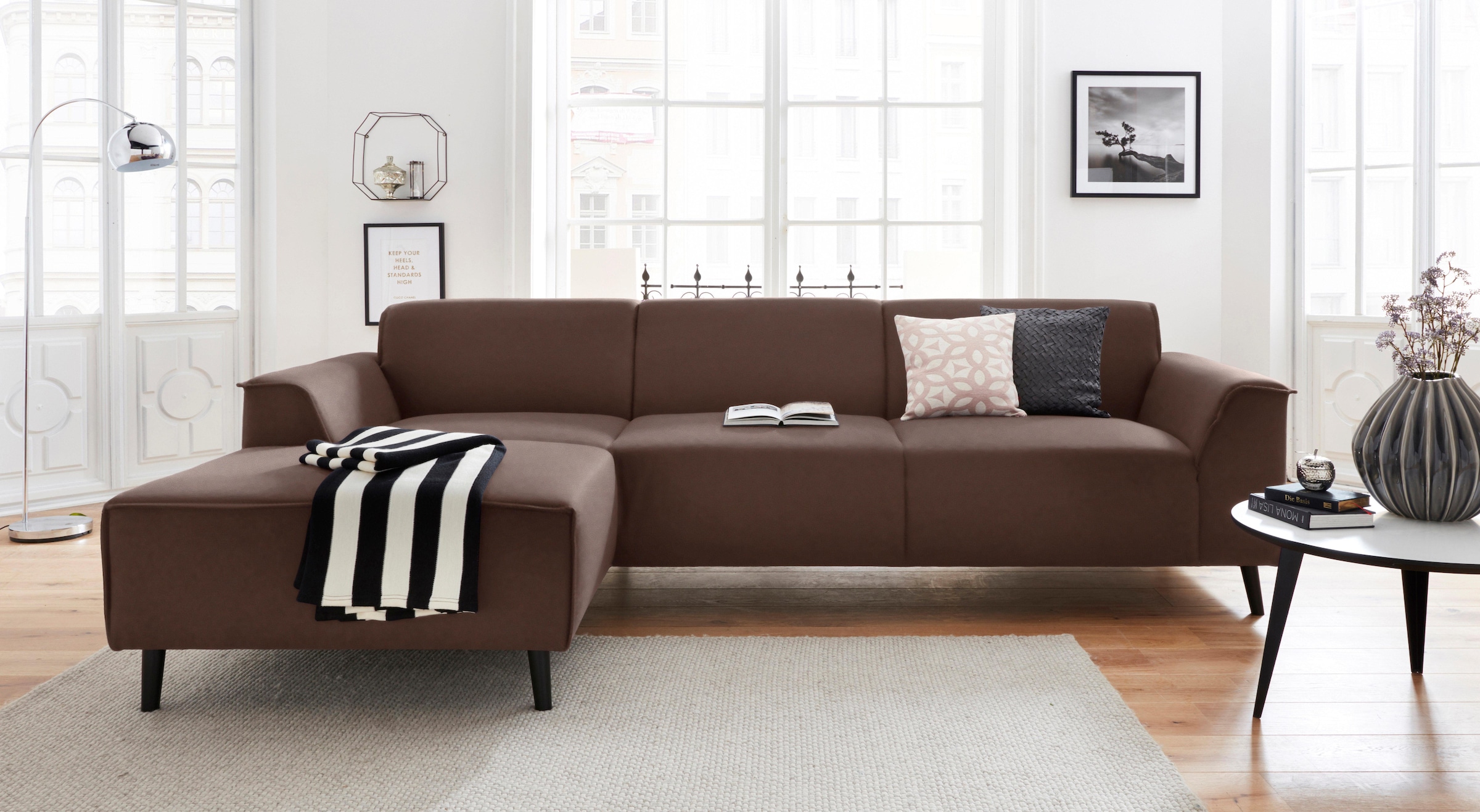 DOMO collection Ecksofa »Amora, inkl. Federkern, hoher Sitzkomfort, Breite 268 L-Form« mit Recamiere, zeitlos und elegant, Komfortsitzhöhe 47cm