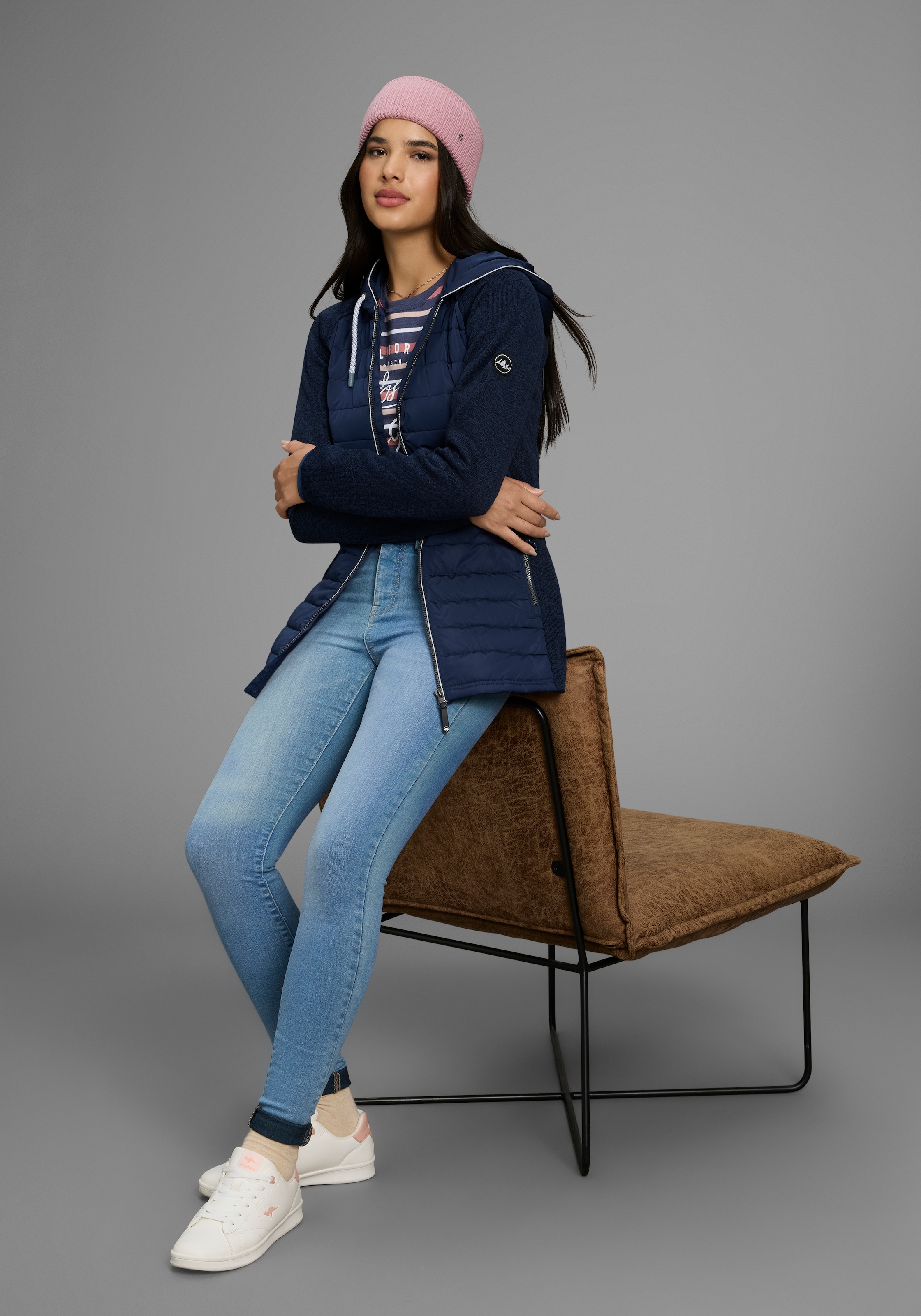 Polarino Strickfleecejacke, mit Kapuze, mit wattiertem Bereich-Hybridjacke, Übergangsjacke
