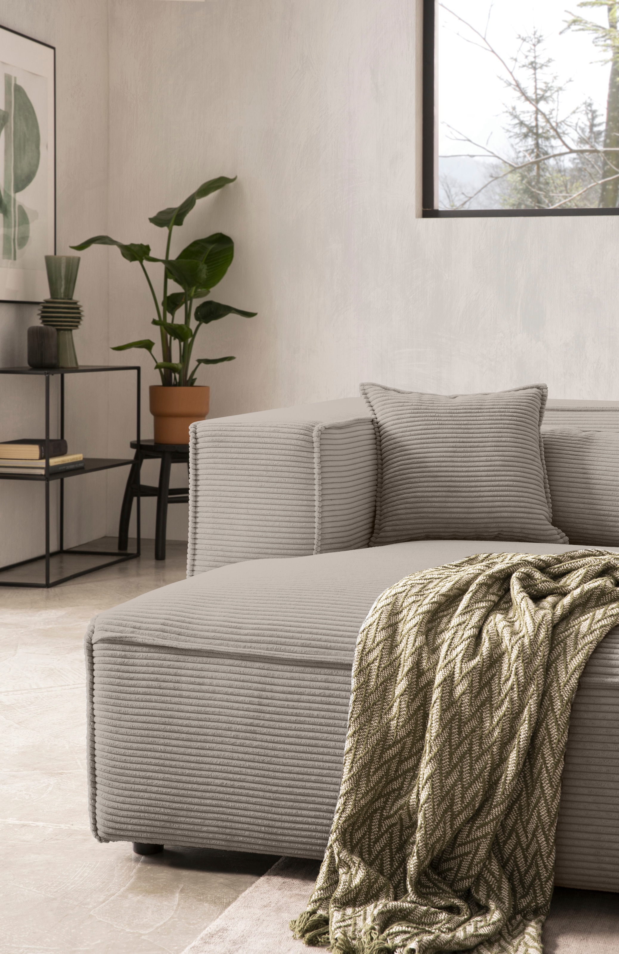 LeGer Home by Lena Gercke Ecksofa »PIARA mit Kedernaht, Cord, Leinenoptik o. Strukturstoff, Couch, L-Form«, wahlweise Ottomane rechts/links, schwarze Füsse, bequemer Sitzkomfort
