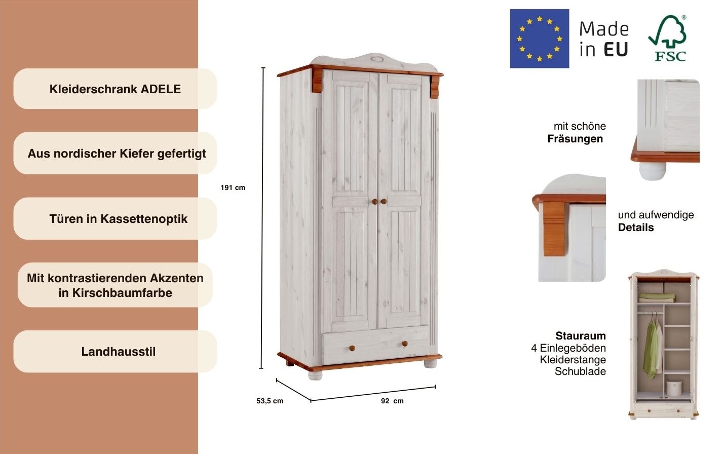 GOODproduct Kleiderschrank »Adele« 4 Breiten: 92/130/169/207  H/T ca. 191/54 cm,  aus massiver Kiefer,Spiegel beim 4-und 5-trg.Schrank, Innenausstattung