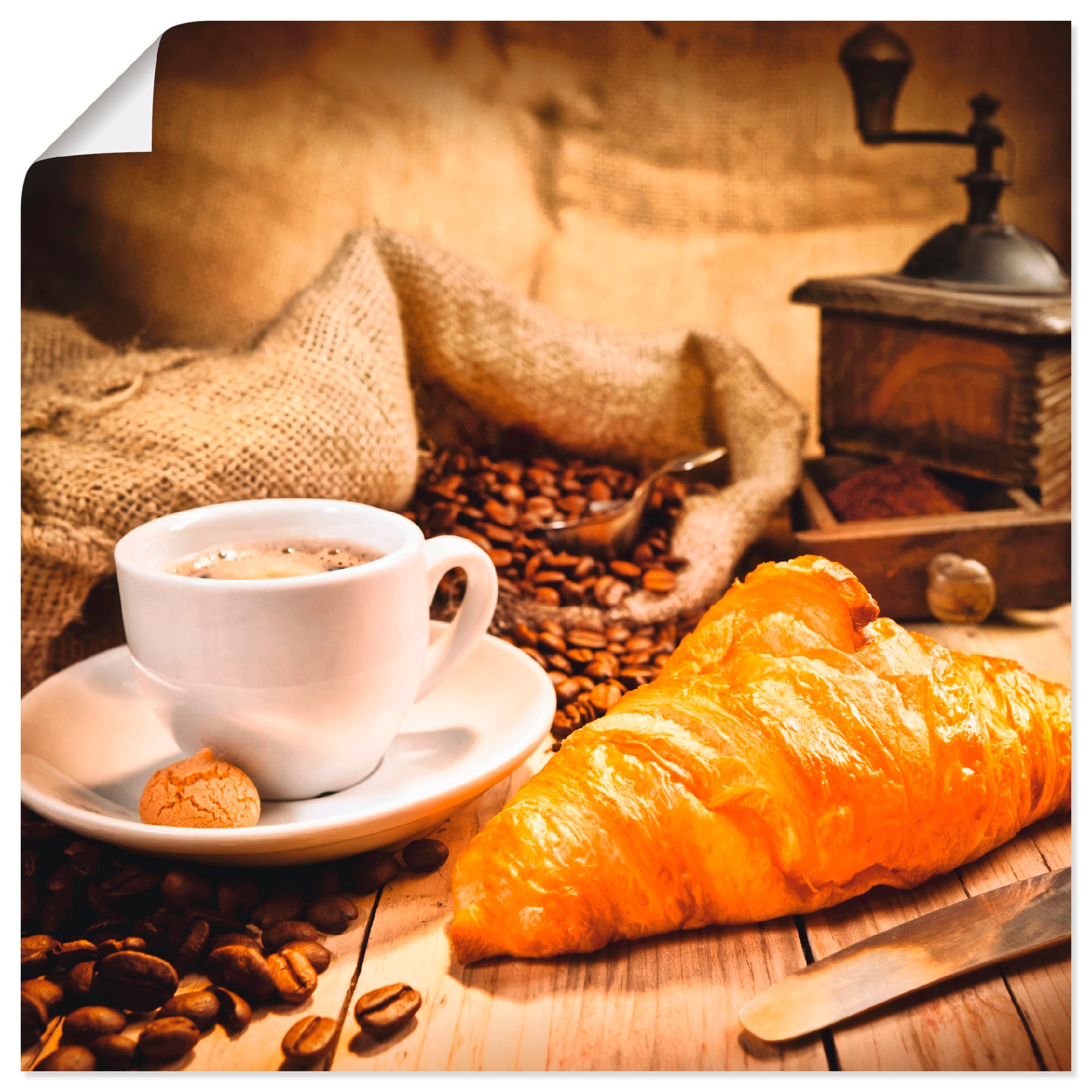 Wandbild »Kaffeetasse mit Croissant«, Getränke, (1 St.), als Leinwandbild, Poster in...
