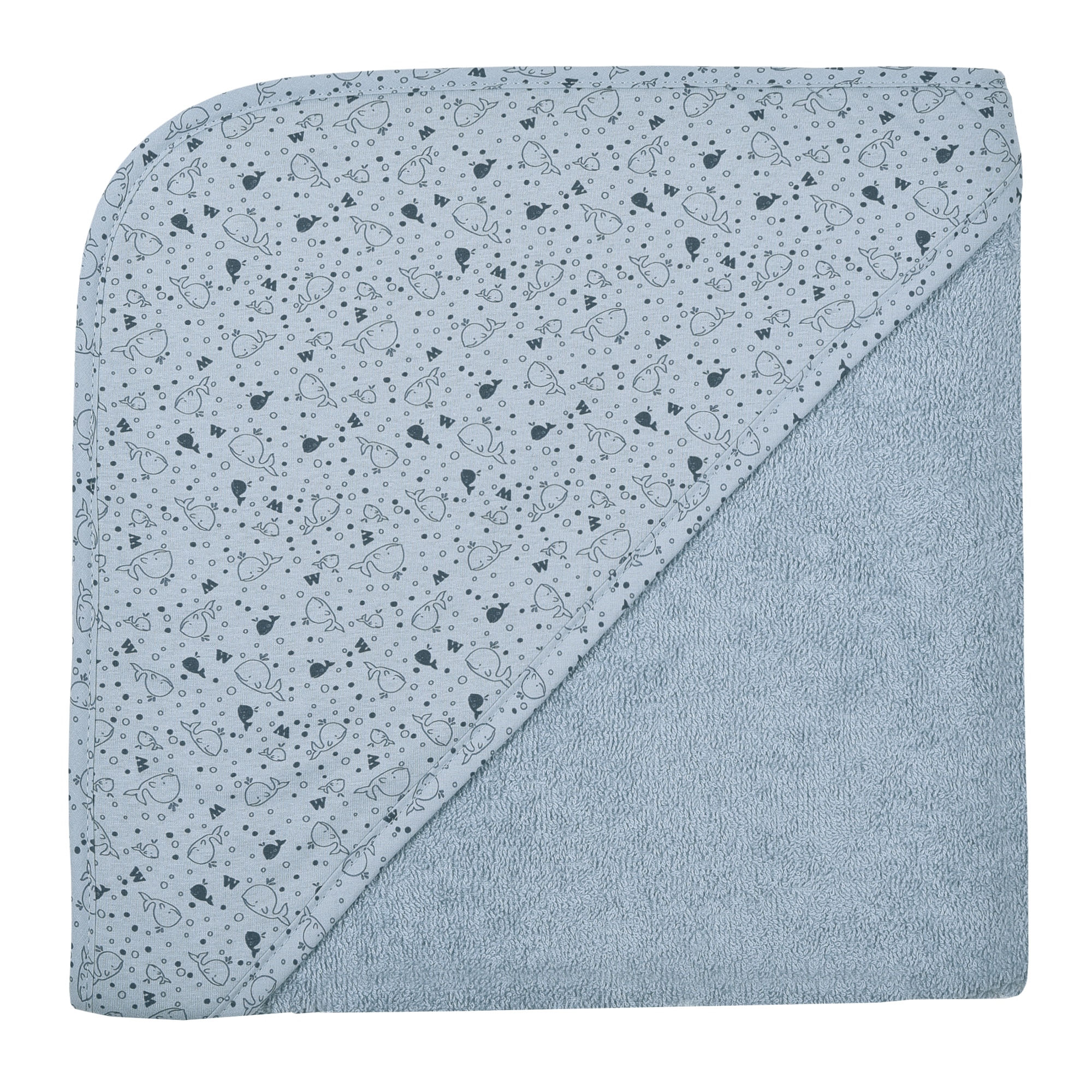 Image of Wörner Kapuzenhandtuch "Wal stahlblau Kapuzenbadetuch 100/100" obere Lage der Kapuze aus bedrucktem Single-Jersey