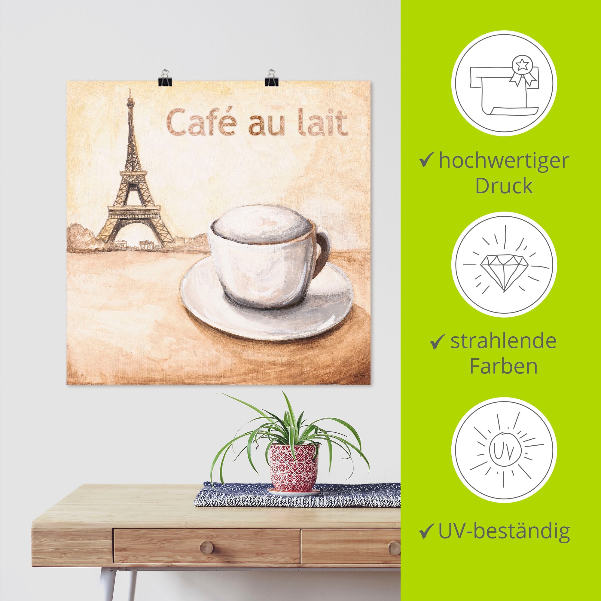 Artland Poster »Café au lait in Paris«, Kaffee Bilder, (1 St.), als Alubild, Leinwandbild, Wandaufkleber oder Poster in versch. Grössen