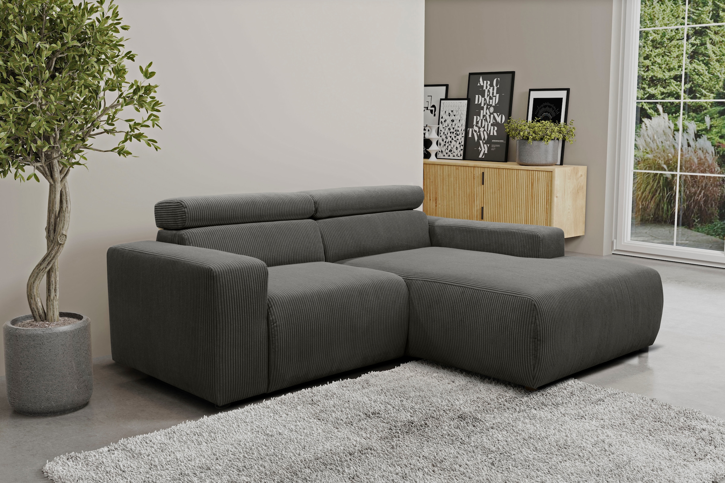 Image of DOMO collection Ecksofa "BRANDON inkl. Kopfteilverstellung, 214x100x80 cm, L-Form" Cord, grau