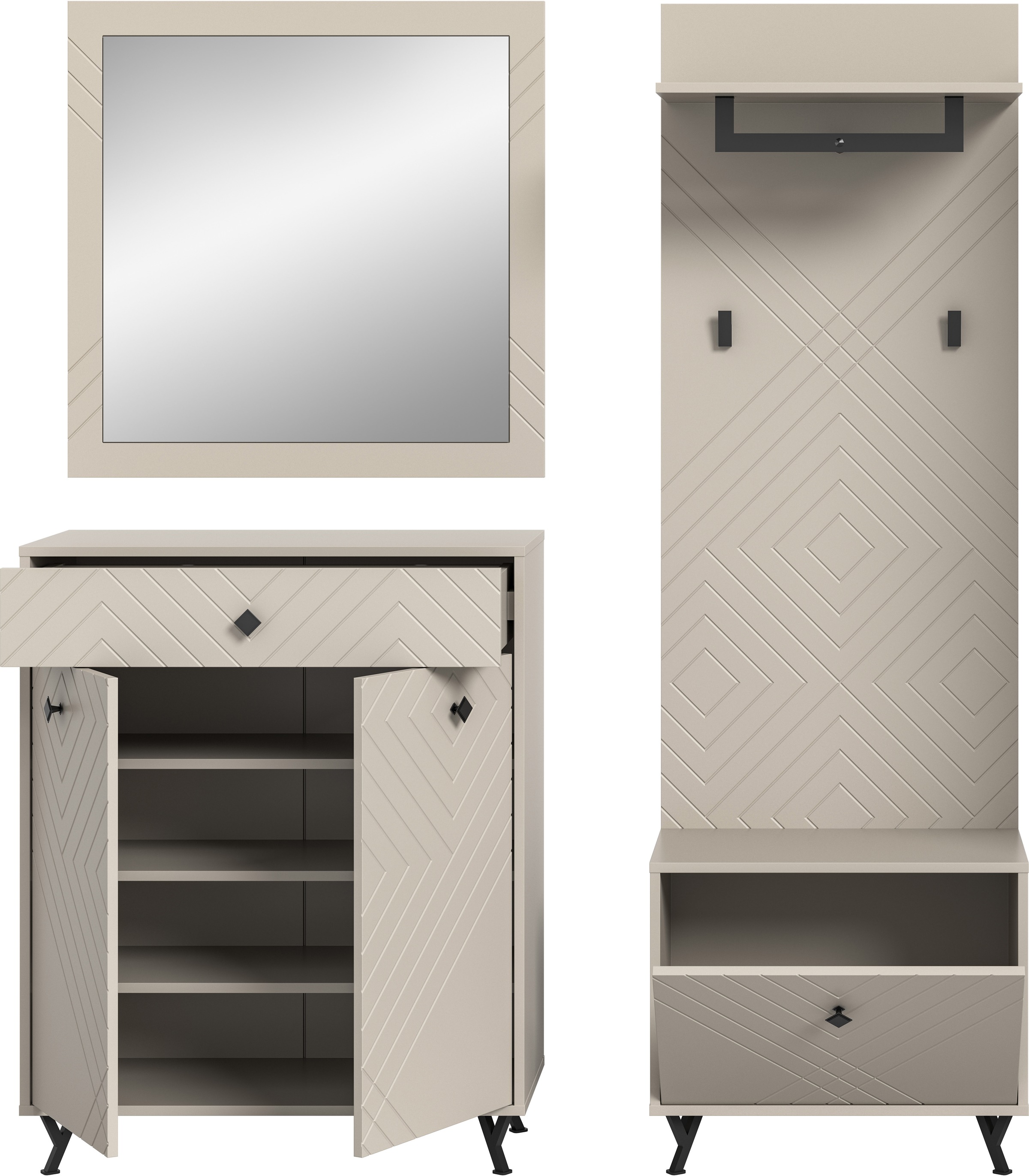 INOSIGN Garderoben-Set »Mento, 4-teilig, Ornamentfräsung in der Front, bestehend aus:«, (Set, 4 St.), Kommode, Spiegel, Sitzbank & Garderobenpaneel, Metall Griffe & Füsse