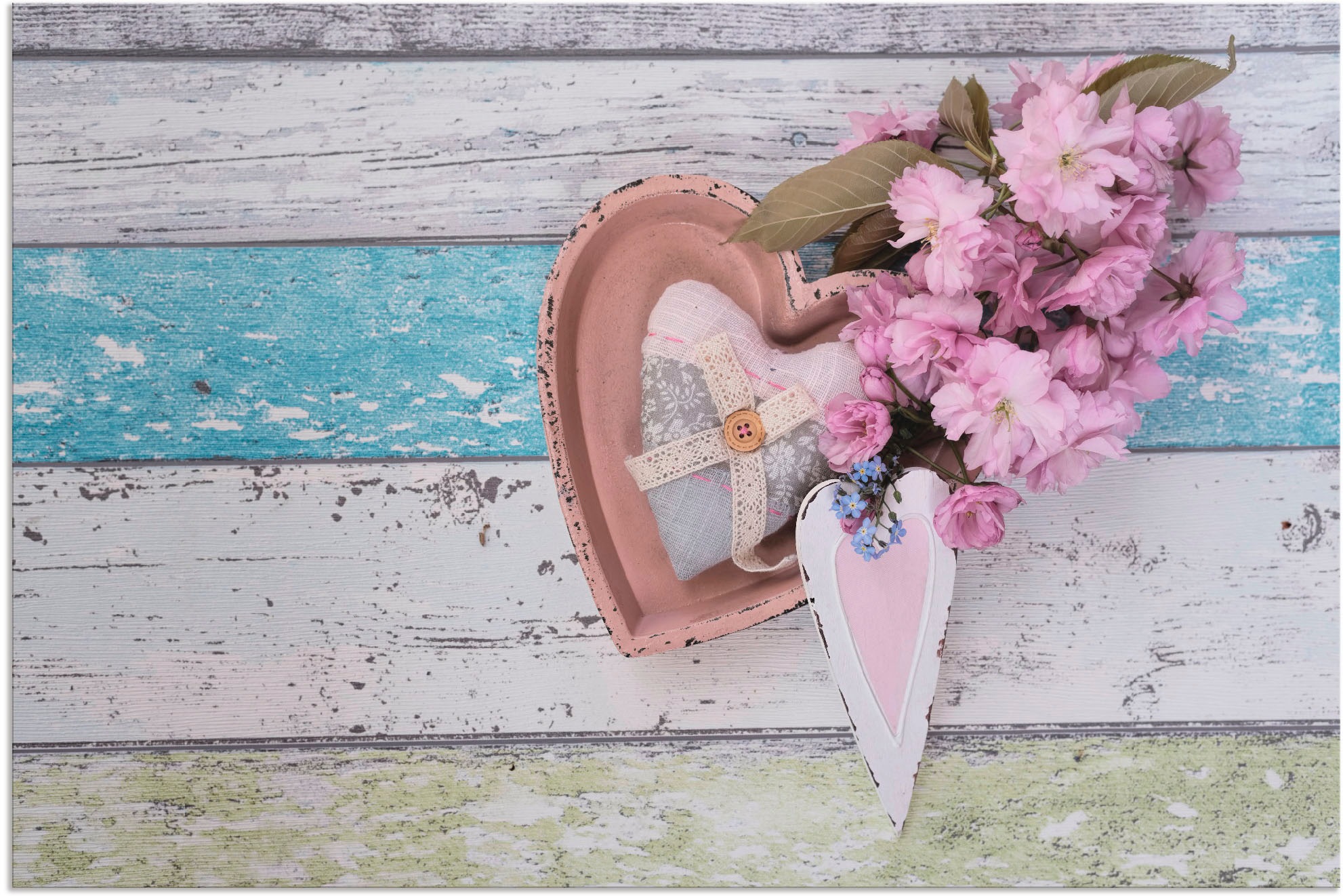 Image of Artland Wandbild »Stillleben mit Kirschblüten und Herzen«, Arrangements, (1 St.), in vielen Grössen & Produktarten - Alubild / Outdoorbild für den Aussenbereich, Leinwandbild, Poster, Wandaufkleber / Wandtattoo auch für Badezimmer geeignet bei Ackermann V