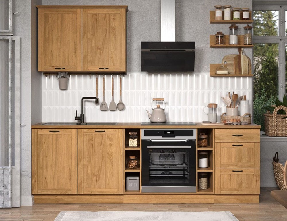 Home affaire Küchenzeile »Teramo« Set, Kombinierbar mit anderen Möbelstücken der Serie Teramo,  Breite 250 cm, Kiefer massiv, mit Arbeitsplatte