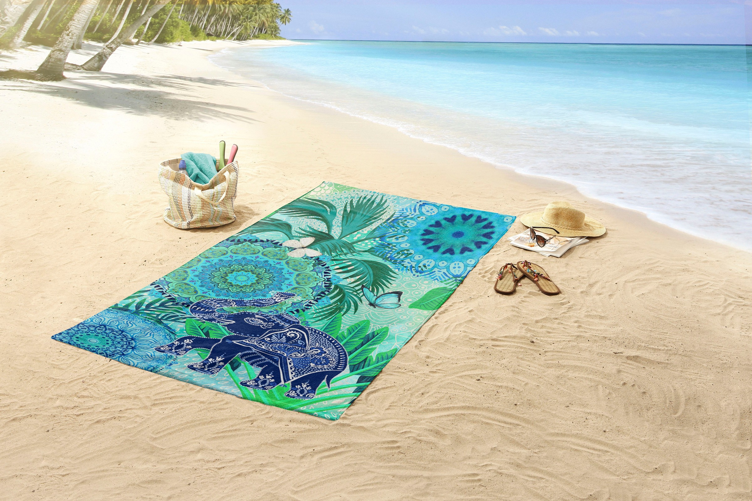 hip Strandtuch »Isara«, (1 St., Strandtuch 100 x 180 cm), 100% Baumwolle, Velours, 100x180, Weich, Strand, Mandala, Elefant Blau