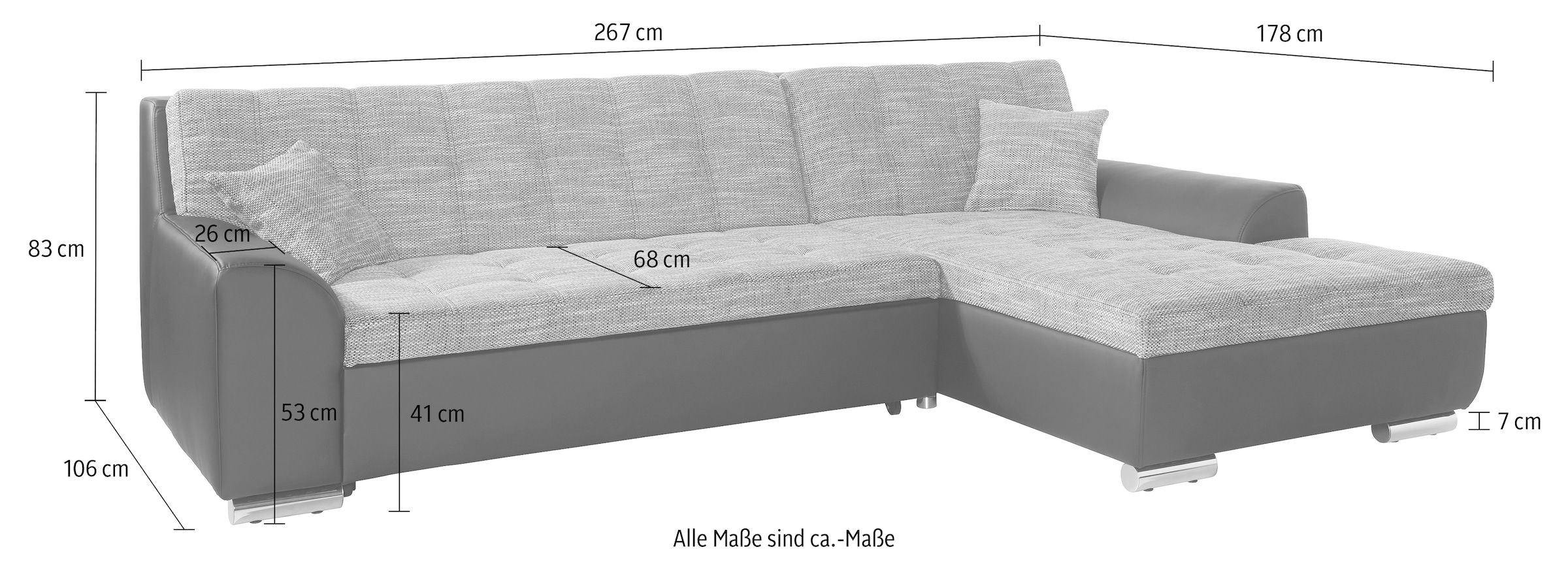 DOMO collection Ecksofa »Treviso viele Bezüge, auch in Cord, L-Form, B/T/H: 267/80/83 cm« wahlw. mit Bettfunktion, inkl. Zierkissen, Unser Dauertiefpreis