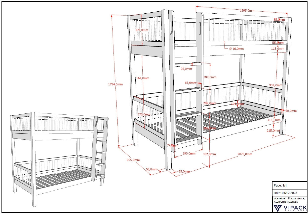 Vipack Etagenbett »Buche massiv weiss, Made in Europe, langlebige Qualität« B/H/T ca. 208x176x98cm, inkl. Leiter, Absturzschutz oben umlaufend,  2 Lattenroste, wahlweise mit oder ohne Bettschublade