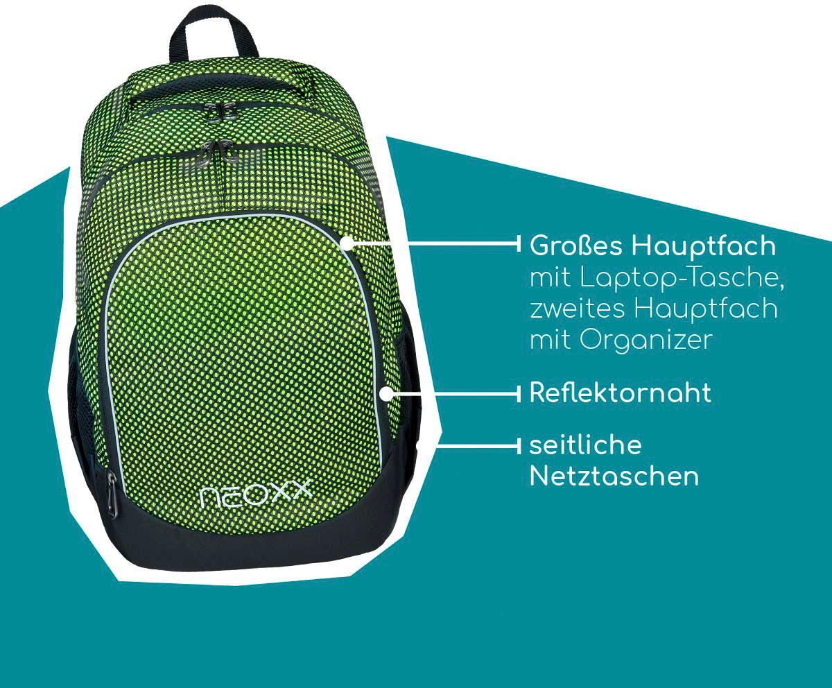 Trendige neoxx Schulrucksack »Fly, recycelten kaufen Neon«, aus Mindestbestellwert PET- All Flaschen ohne about