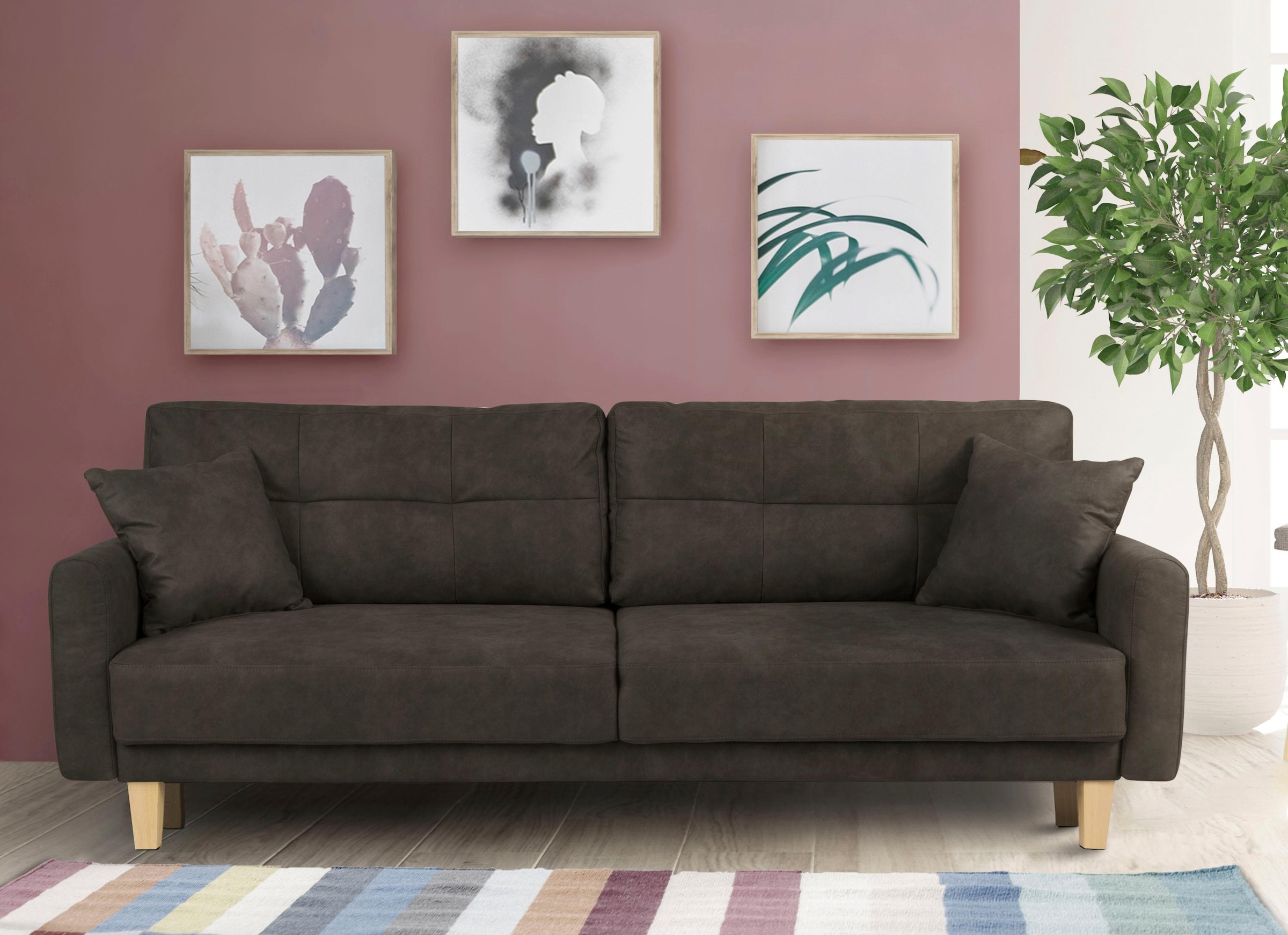 Home affaire 3-Sitzer »TRIPLO optionale Schlafsofa mit Bettkasten, Masse B/T/H: 215/100/89 cm«, Wahlweise Bettfunktion - Liegefläche 145x191 cm, Rücken-, Zierkissen