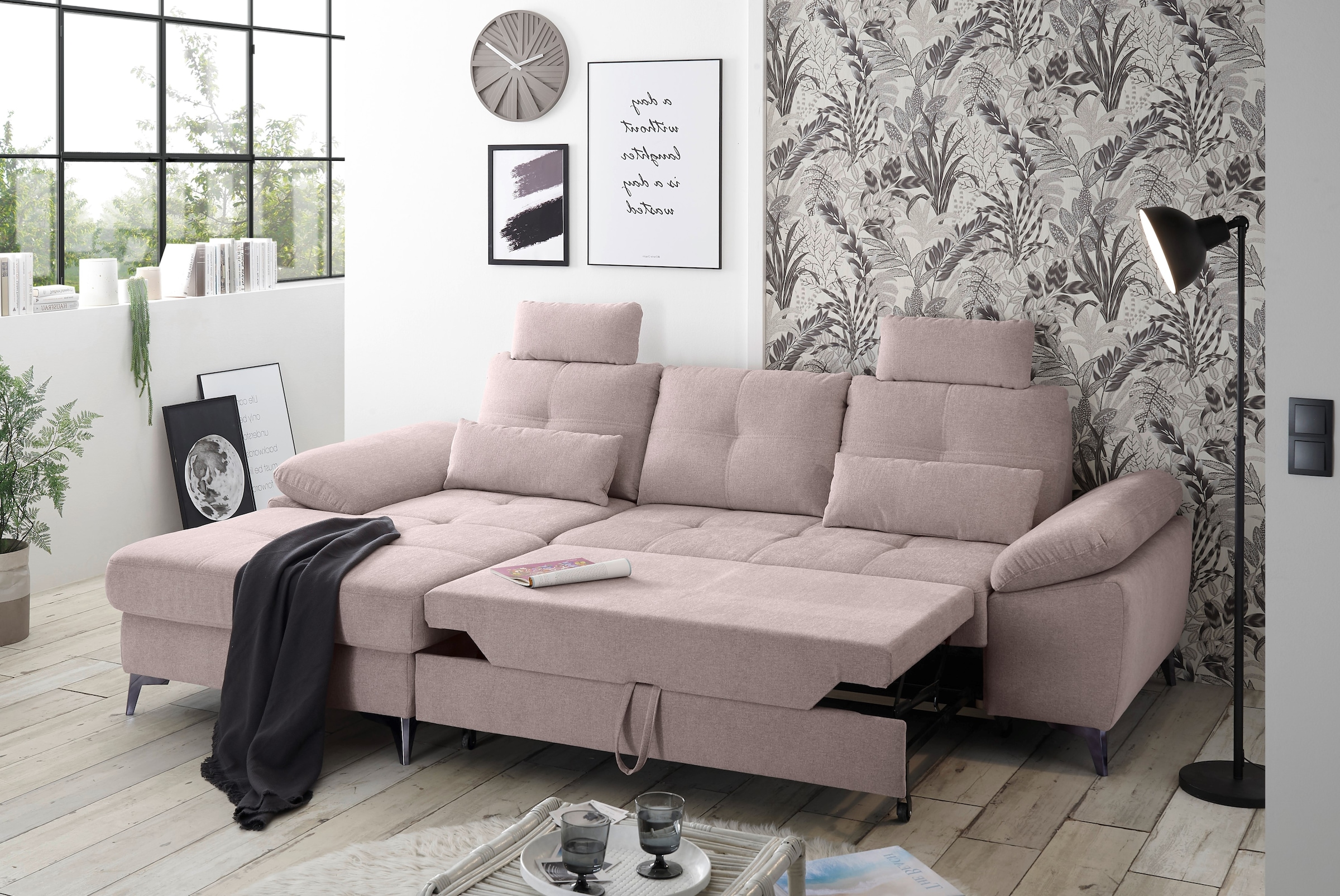 ED EXCITING DESIGN Ecksofa »Auckland L-Form mit Bettfunktion, Bettkasten«, Armteilverstellung, Kopfstützen & 2 Nierenkissen