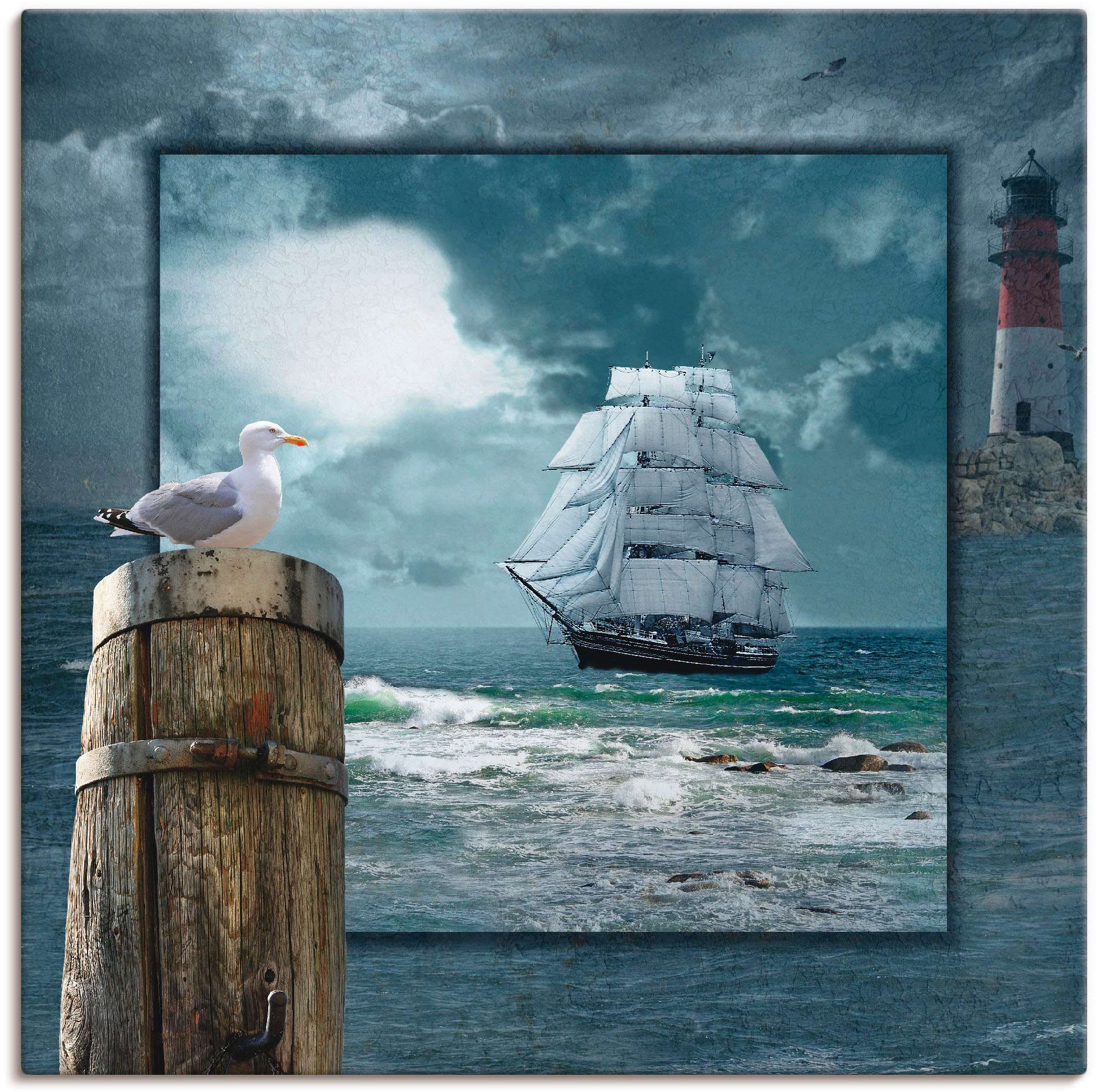 Image of Artland Leinwandbild "Maritime Collage mit Segelschiff" Boote & Schiffe 1 Stk. tlg. auf Holzrahmen gespannt