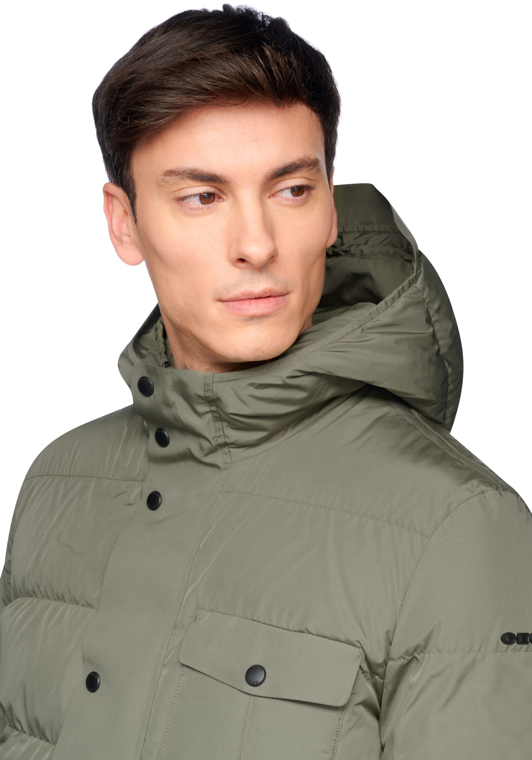 Geox Steppjacke »PIEVE«, mit Kapuze, mit verdecktem Reissverschluss & Druckern, Kapuze mit Schirm, 4 Taschen