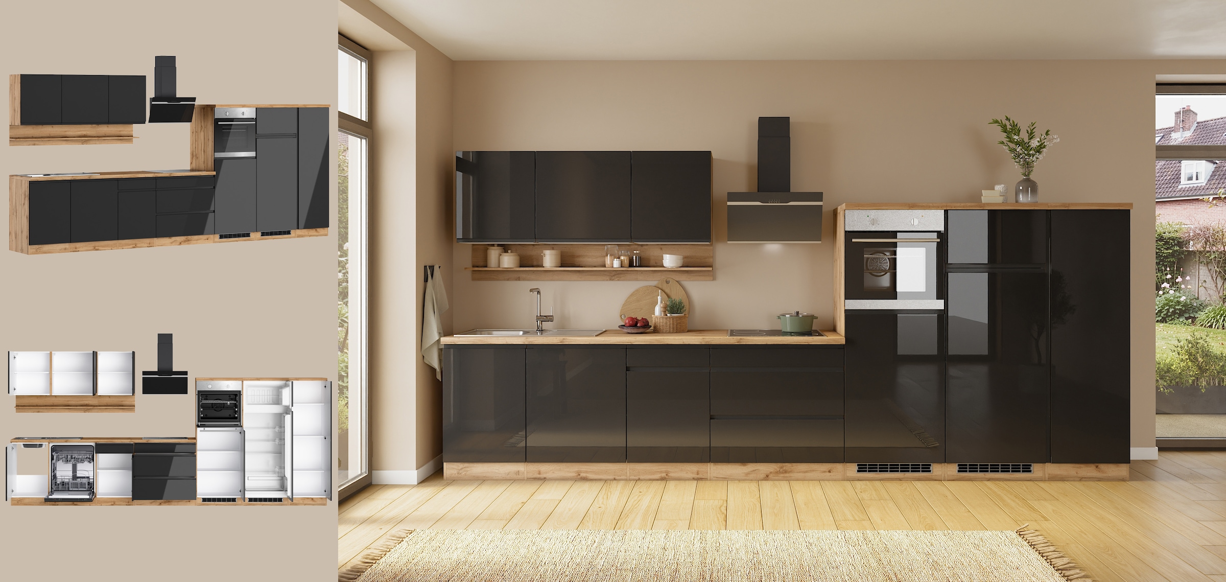 KOCHSTATION Kitchenette »KS-Virginia,neu in verbesserter Ausführung« plan de travail épaisseur 38 mm, rangement, fermeture douce,  largeur 410 cm, softclose, optionnellement avec appareils électriques et induction
