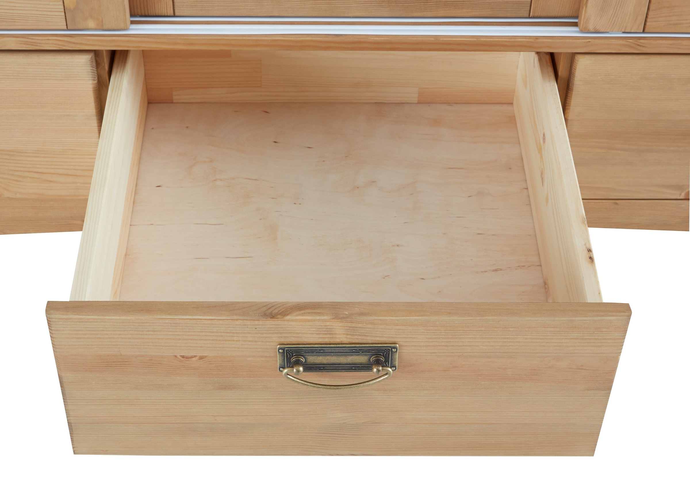 GOODproduct Schiebetürenschrank »Konrad, Landhausstil, rustikal, mit Schubladen + Spiegel, Kassetten« massive Kiefer, FSC®-zertifiziert, Messinggriffe