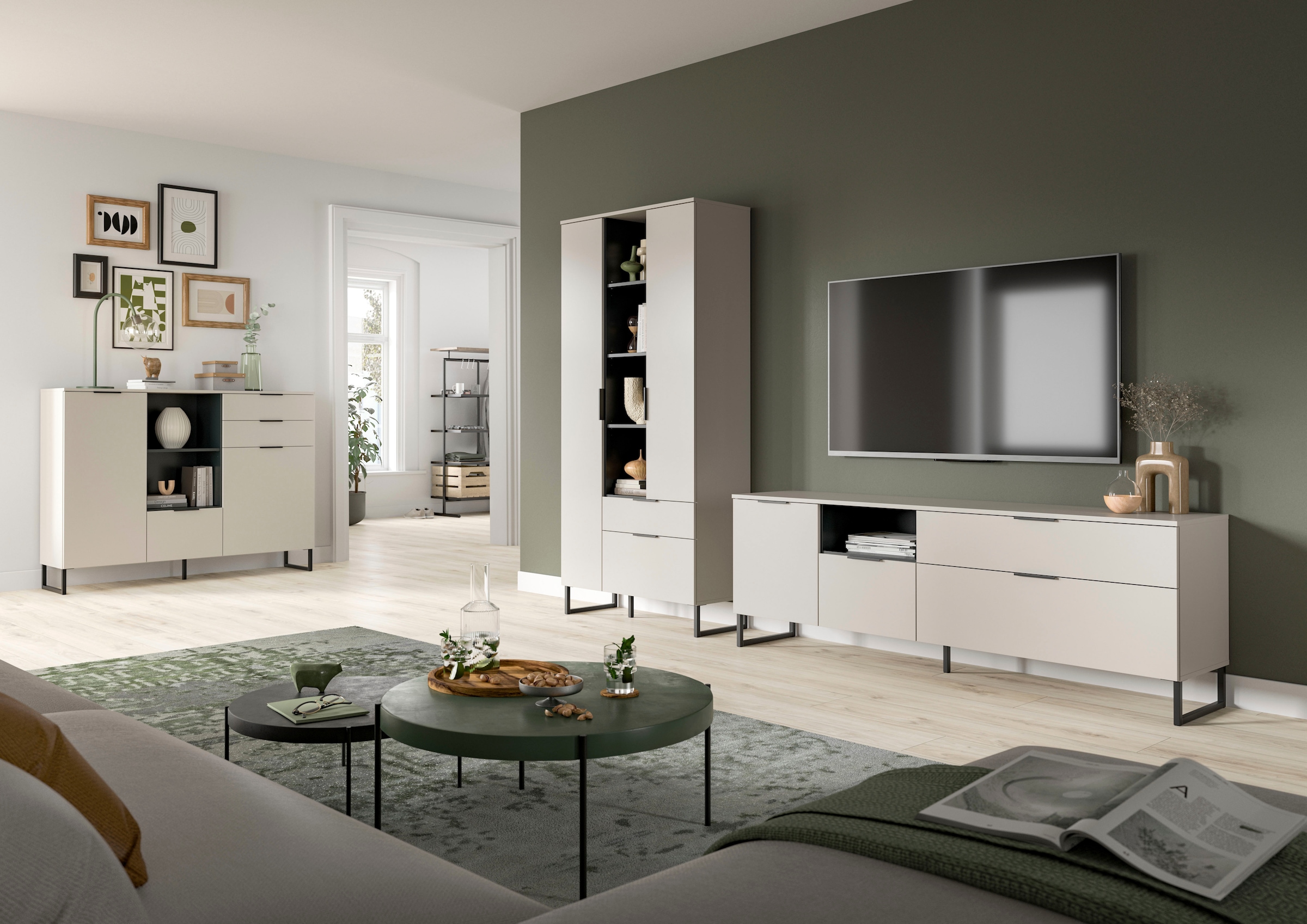 INOSIGN Highboard »ADIO, Breite 150cm, 2 Türen, 1 Klappe, 2 Schubkästen, mit Metall-Kufen« 1 Stk. tlg. Sideboard, Kommode, Lowboard, Schrank, Wohnzimmerschrank, Anrichte