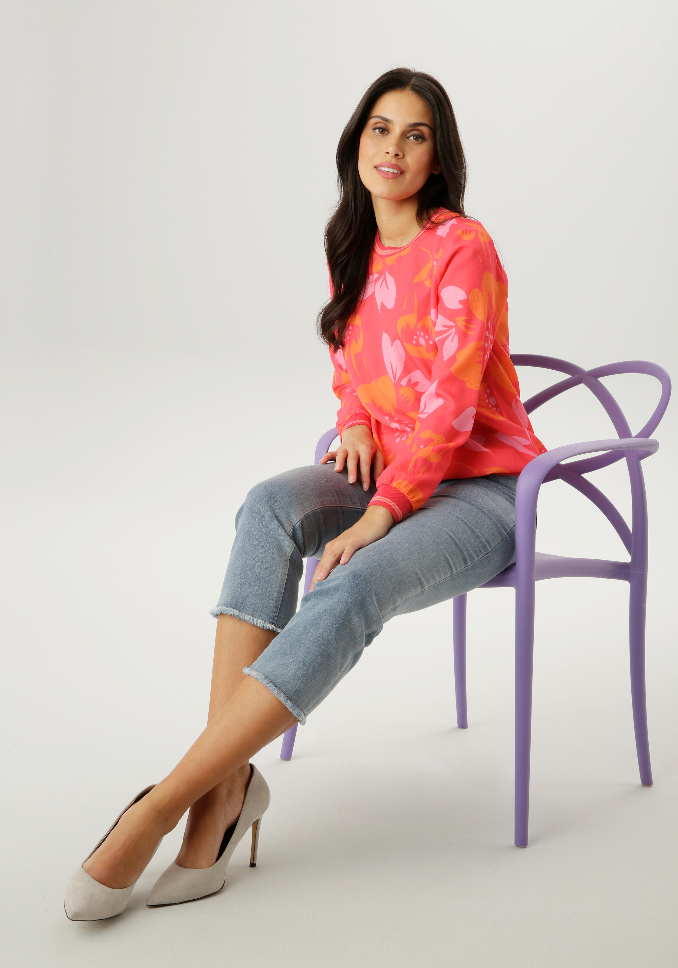 Aniston SELECTED Shirtbluse mit gestreiften Bündchen und floralem Druck - NEUE KOLLEKTION