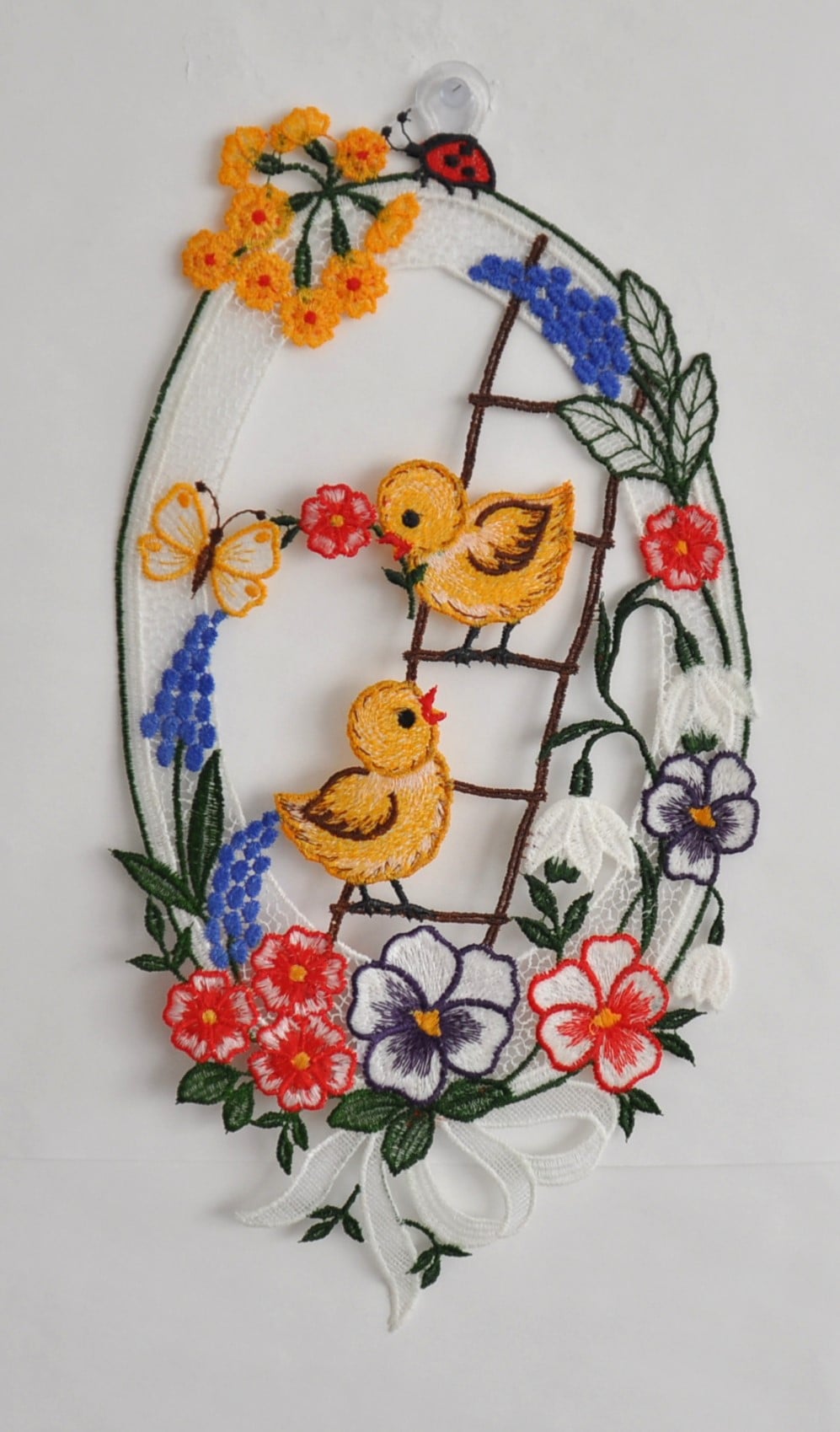 Image of Stickereien Plauen Fensterdekoration "Fensterbild Küken auf Leiter" Plauener Spitze